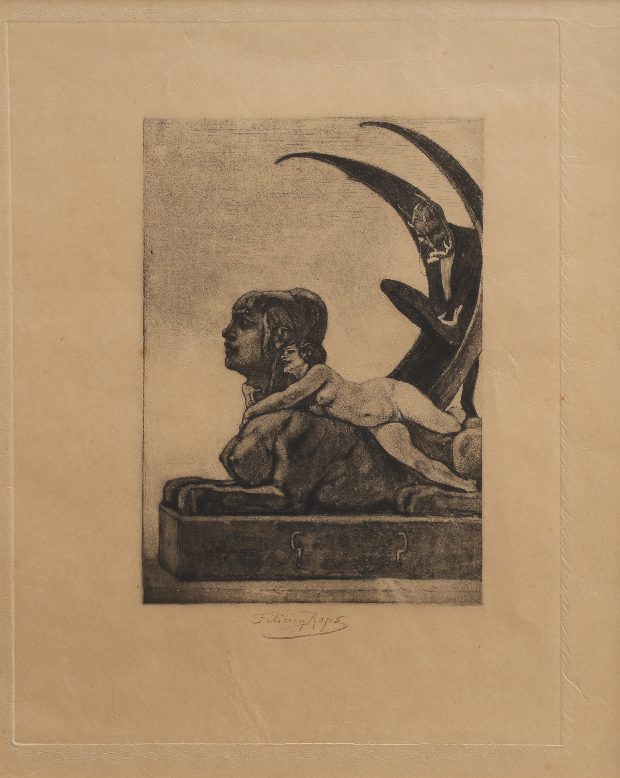FELICIEN ROPS 1833-1898. HELIOGRAVYR OCH TORRNÅL, "LE SPHINX", SIGNERAD, UTFÖRD 1884.