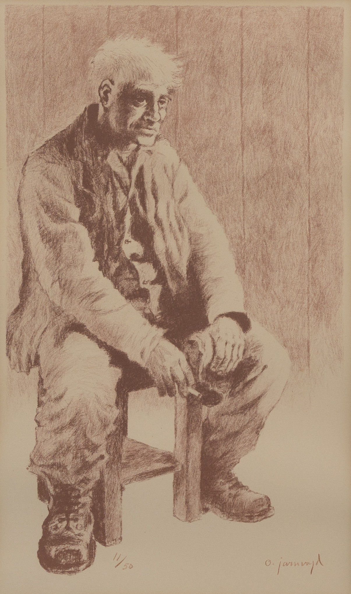 OLLE JARNERYD. Sittande man med cigarett, litografi nr 11/50, signerad.