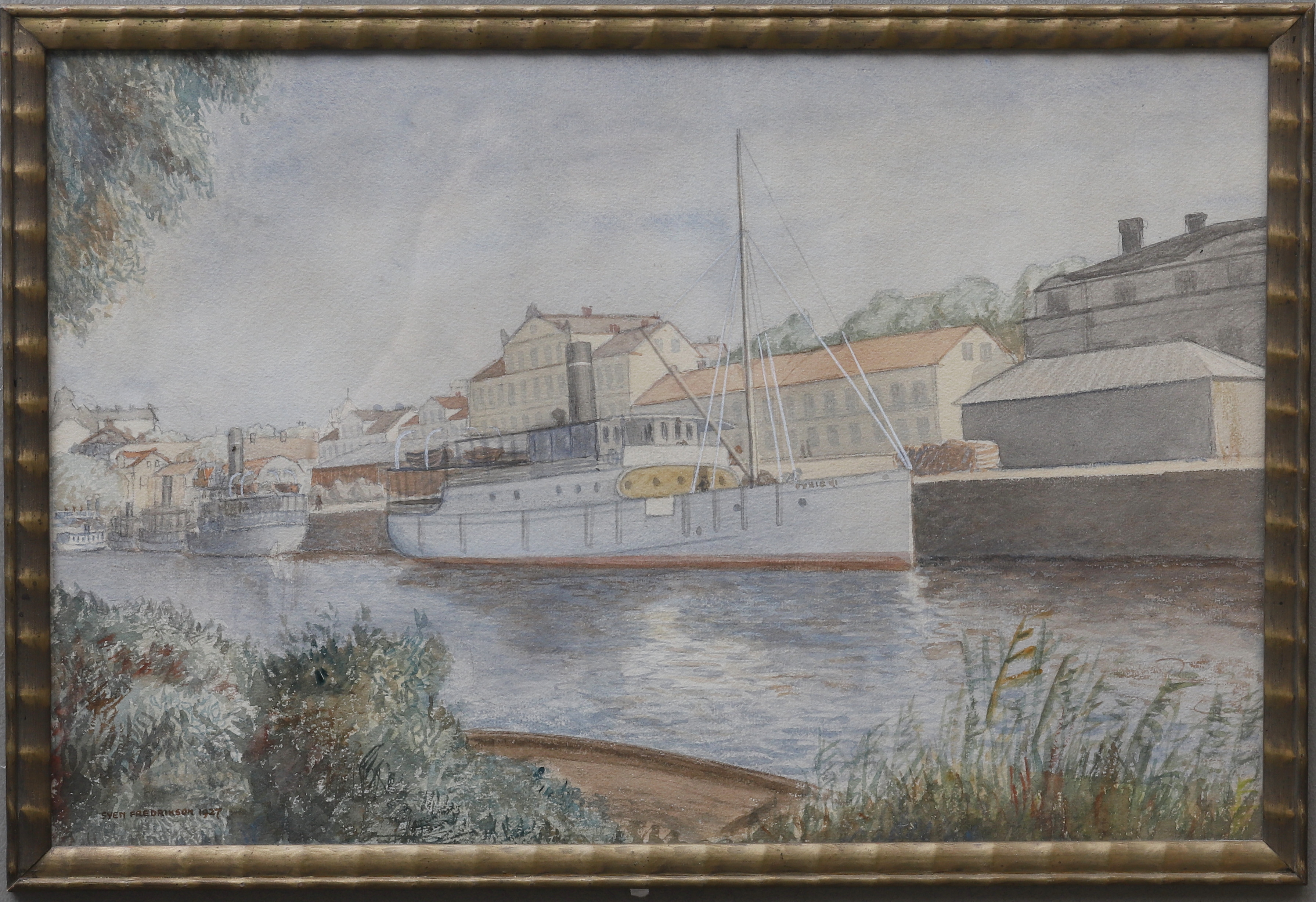 SVEN FREDRIKSSON. Akvarell, hamnmotiv, signerad och daterad 1927. (Uppsala, hamnen).