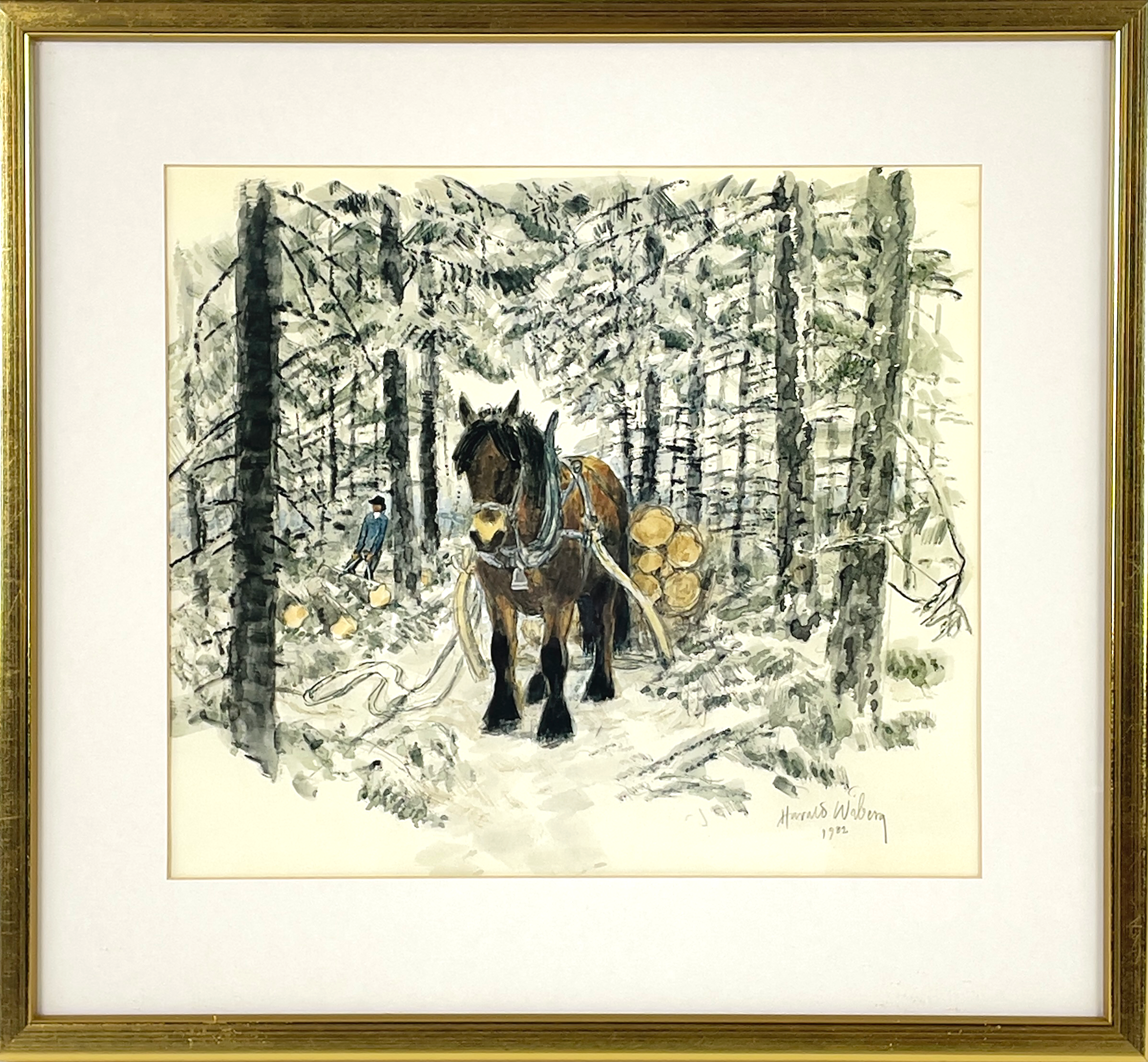HARALD WIBERG. Offsettryck, Arbetshäst i skogen, signerad samt daterad i trycket.
