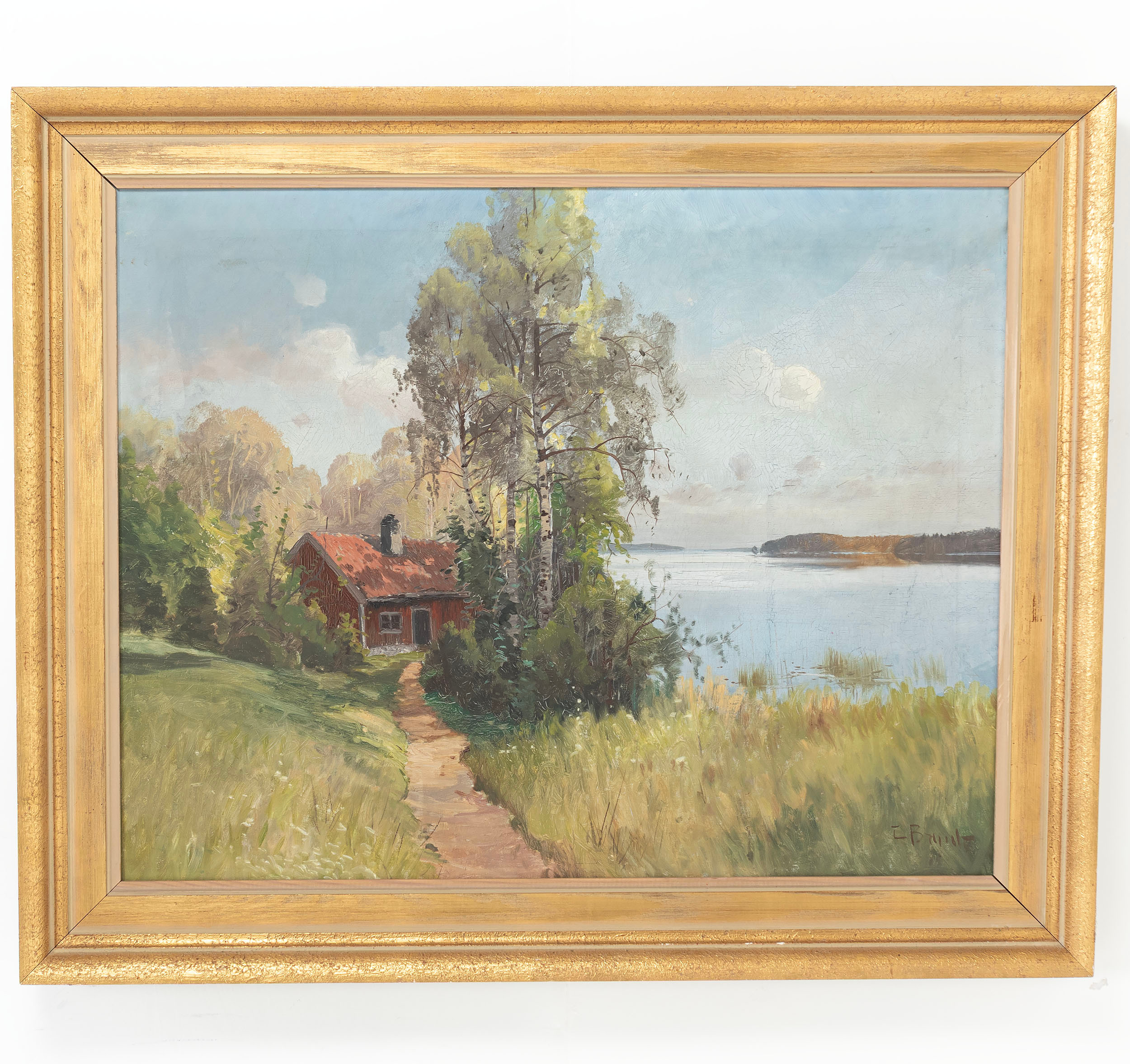 CARL BRANDT. Olja på duk, Sommarlandskap med rödmålad stuga, signerad.