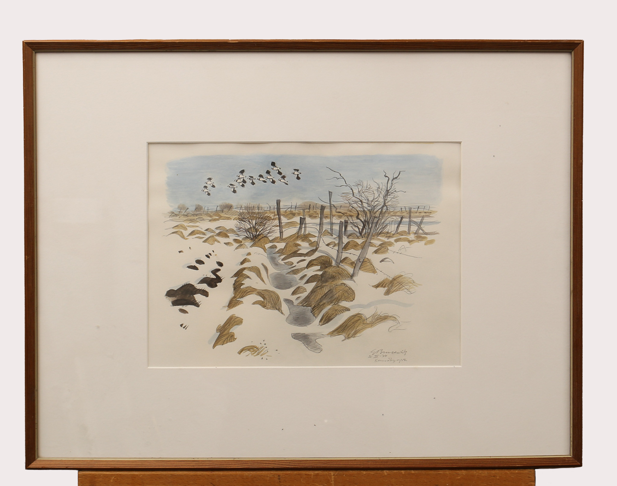 GUNNAR BRUSEWITZ. Akvarell, fåglar över snötäckt landskap, signerad, daterad 1974, samt BÖCKER, 3 stycken.