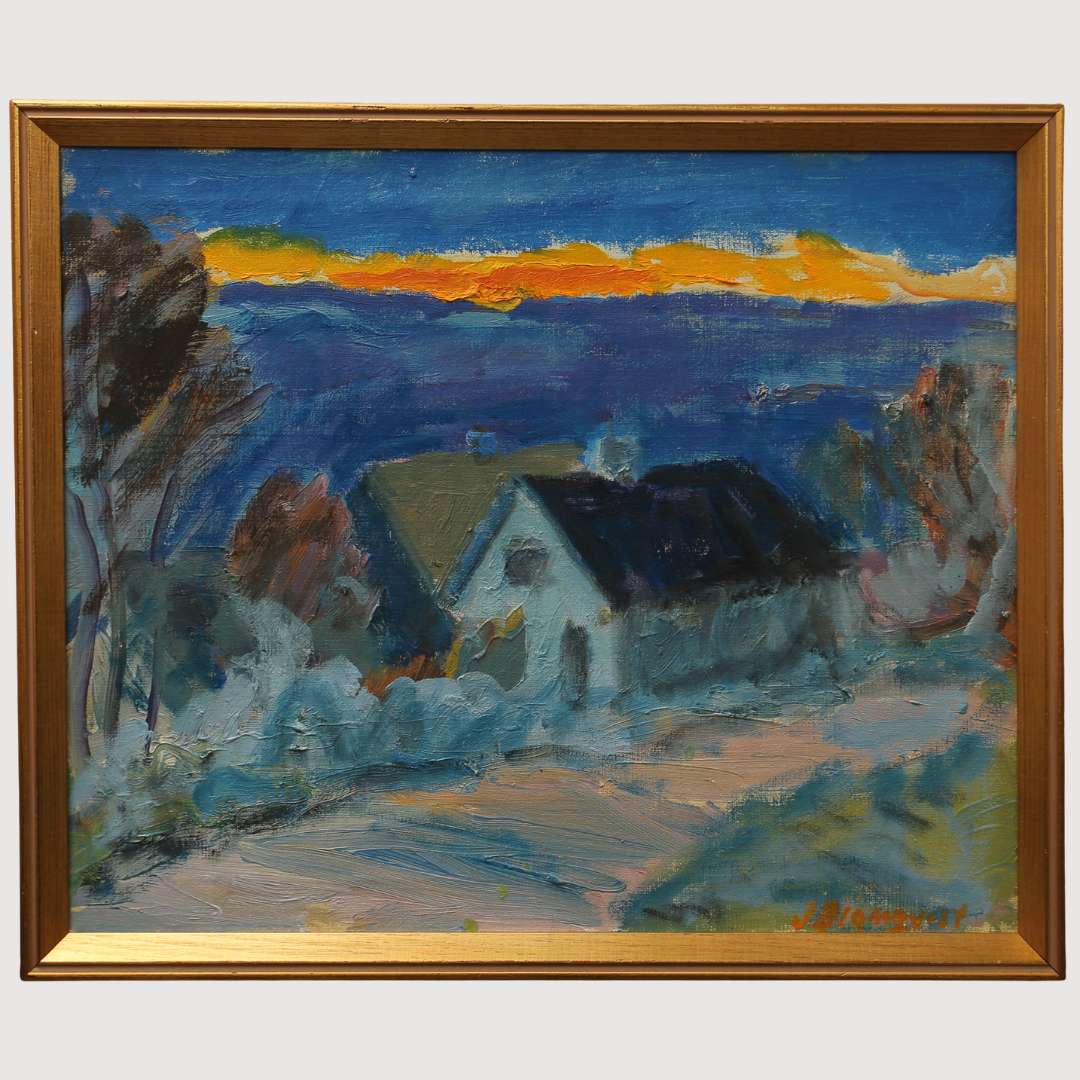 INGE BLOMQVIST. Olja på duk, "Solnedgång vid Glumslöv", signerad, daterad.