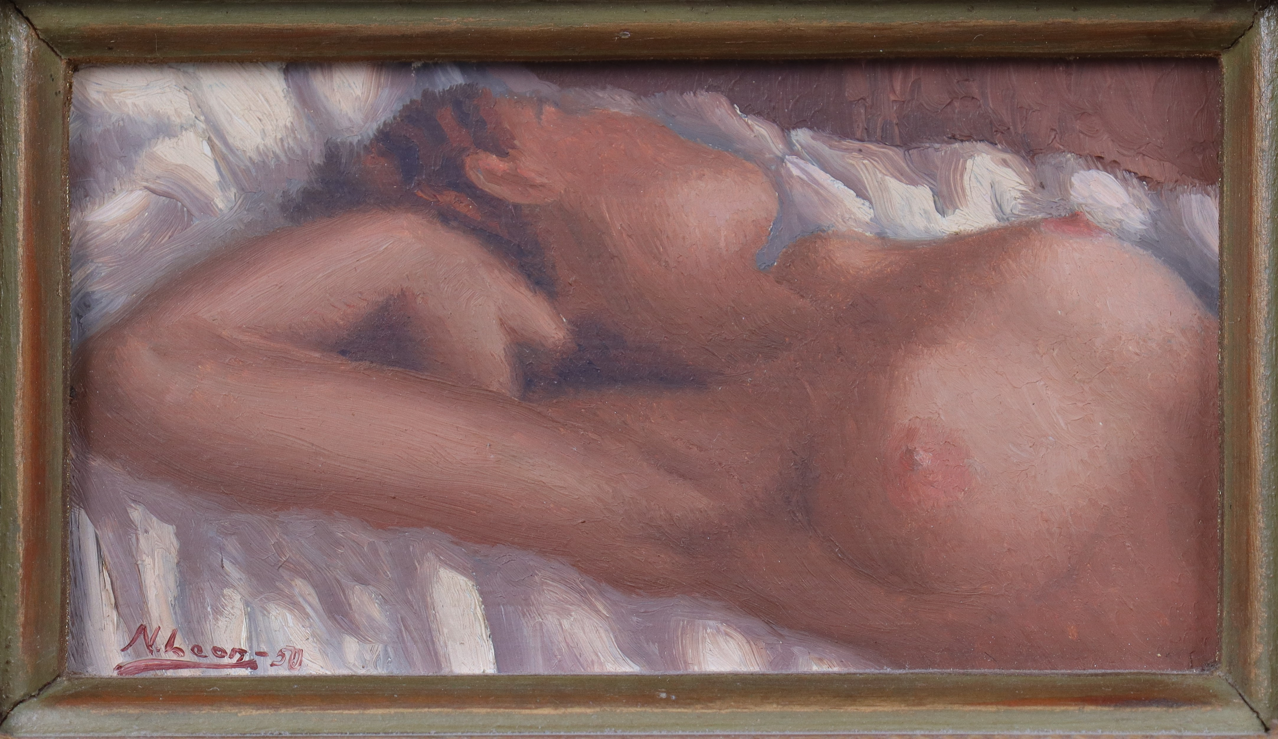 AXEL AUGUST NAPOLEON "NAPPE" LEON (1901-1957). olja på pannå, kvinnomodell "Modellen sover".