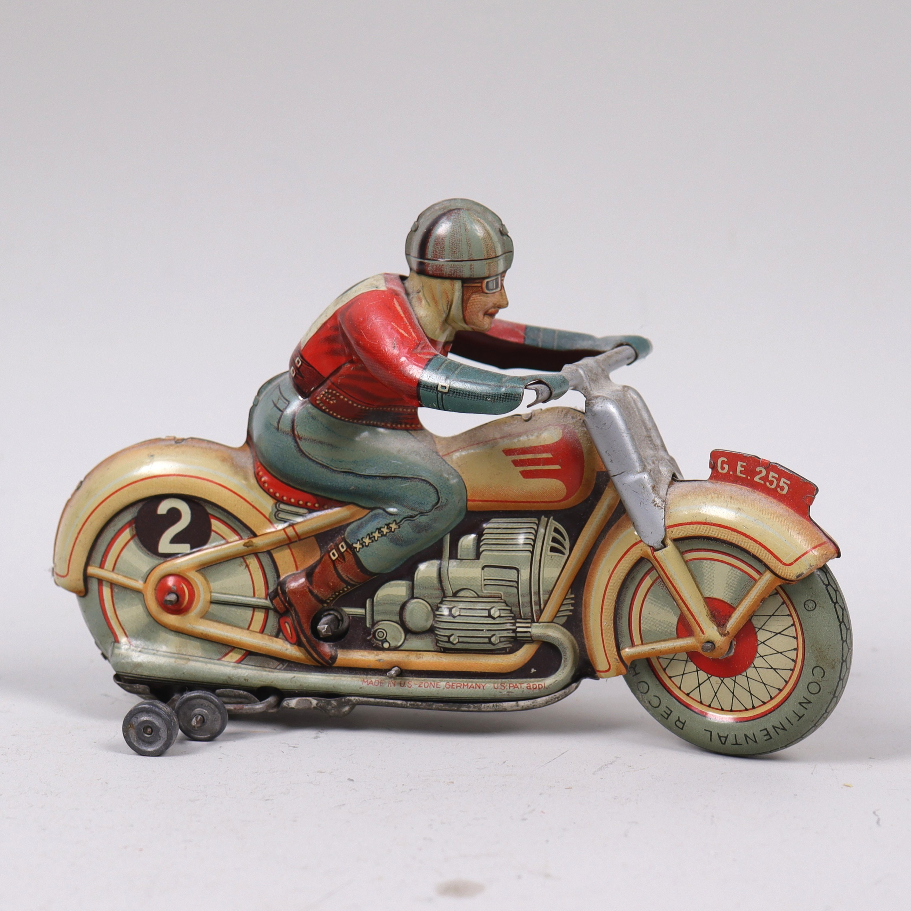 PLÅTLEKSAK, Technofix, "G.E. 255", motorcykel, urverk, litograferad plåt, U.S Zone, Tyskland, 1900-talets mitt.