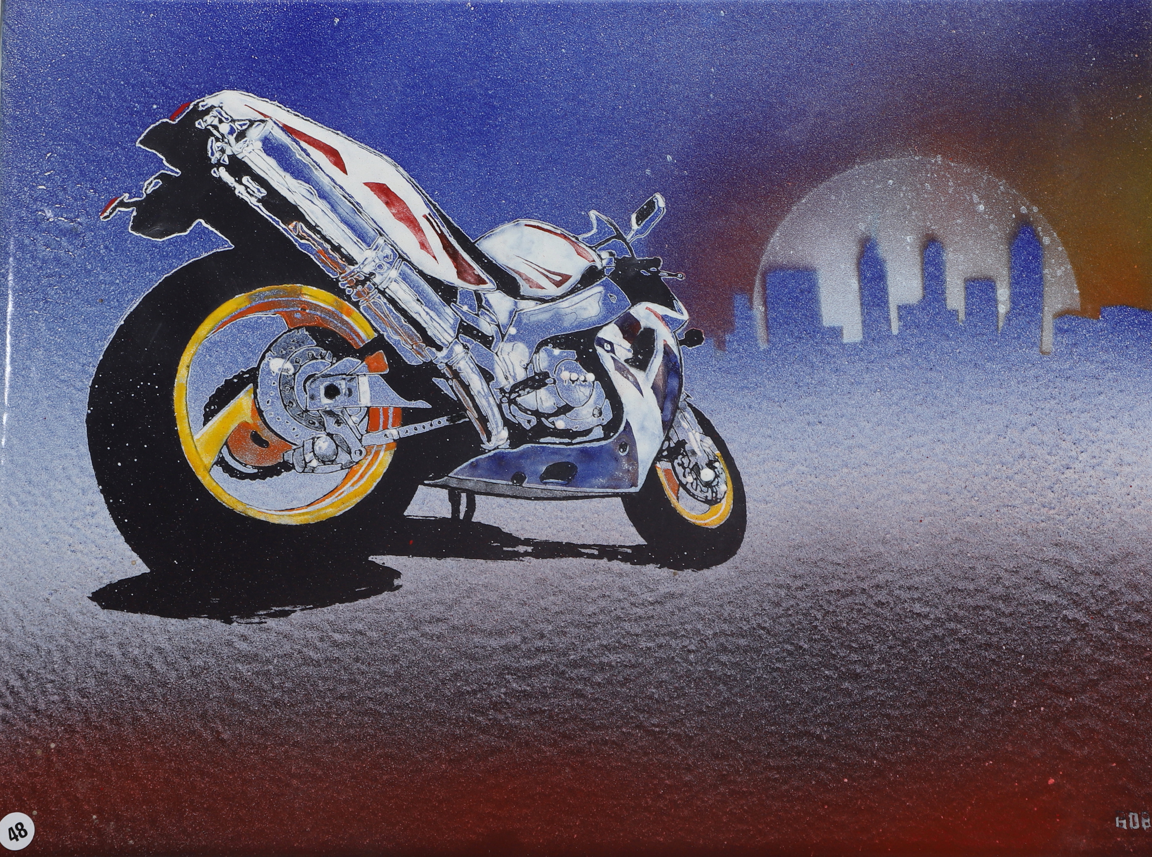 BOB MATSON. Emalj på plåt, Motorcykel, signerad.