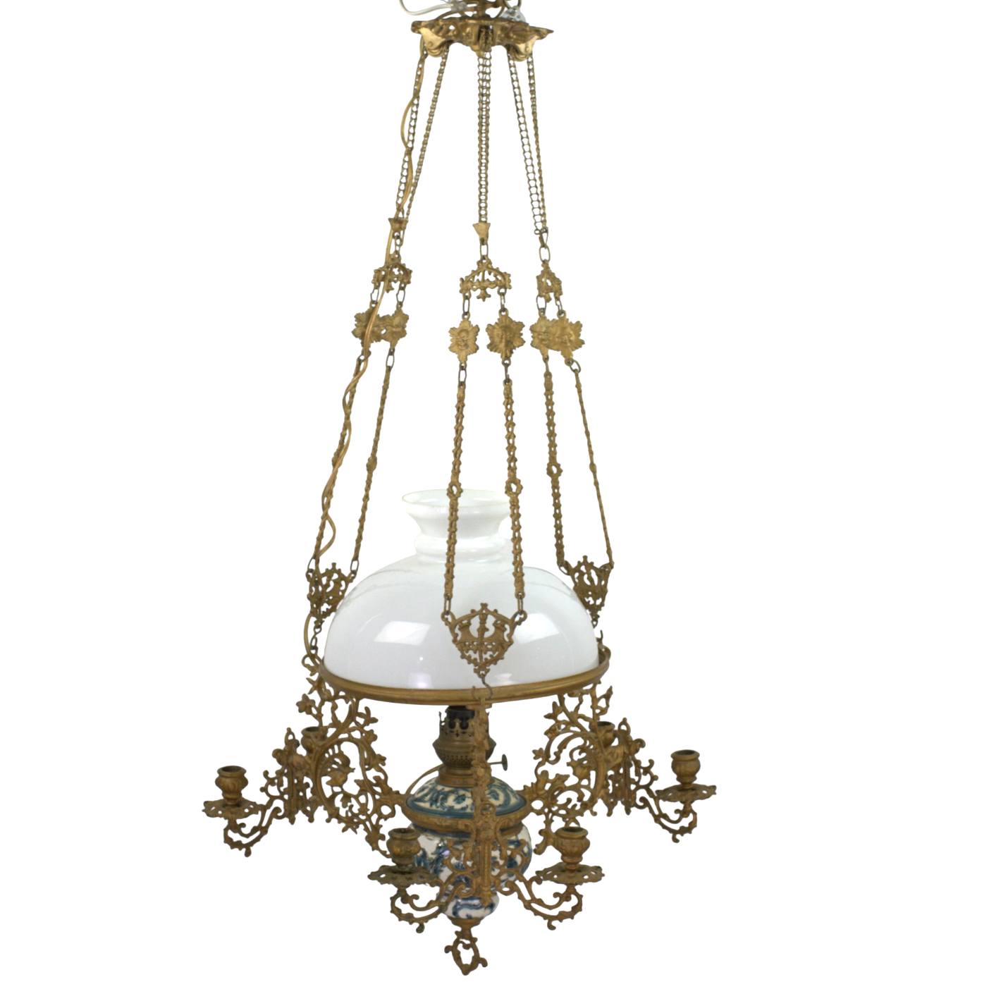TAKFOTOGENLAMPA omgjord till el, majolika, en ljuspunkt, sex ljushållare, metall, 18/1900-tal.