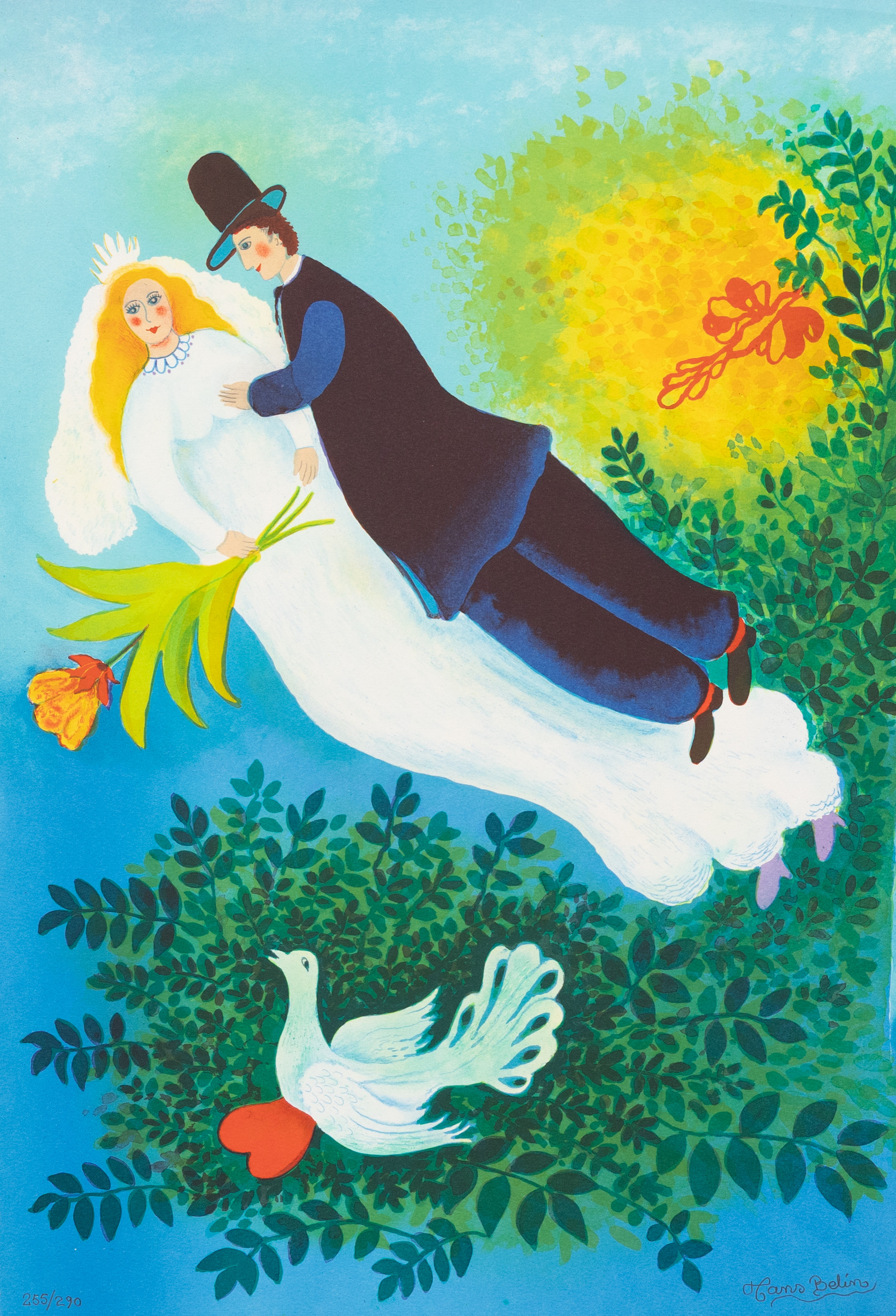 HANS BELIN (1936–2007). Flygande bröllopspar, litografi nr 255/290, signerad.