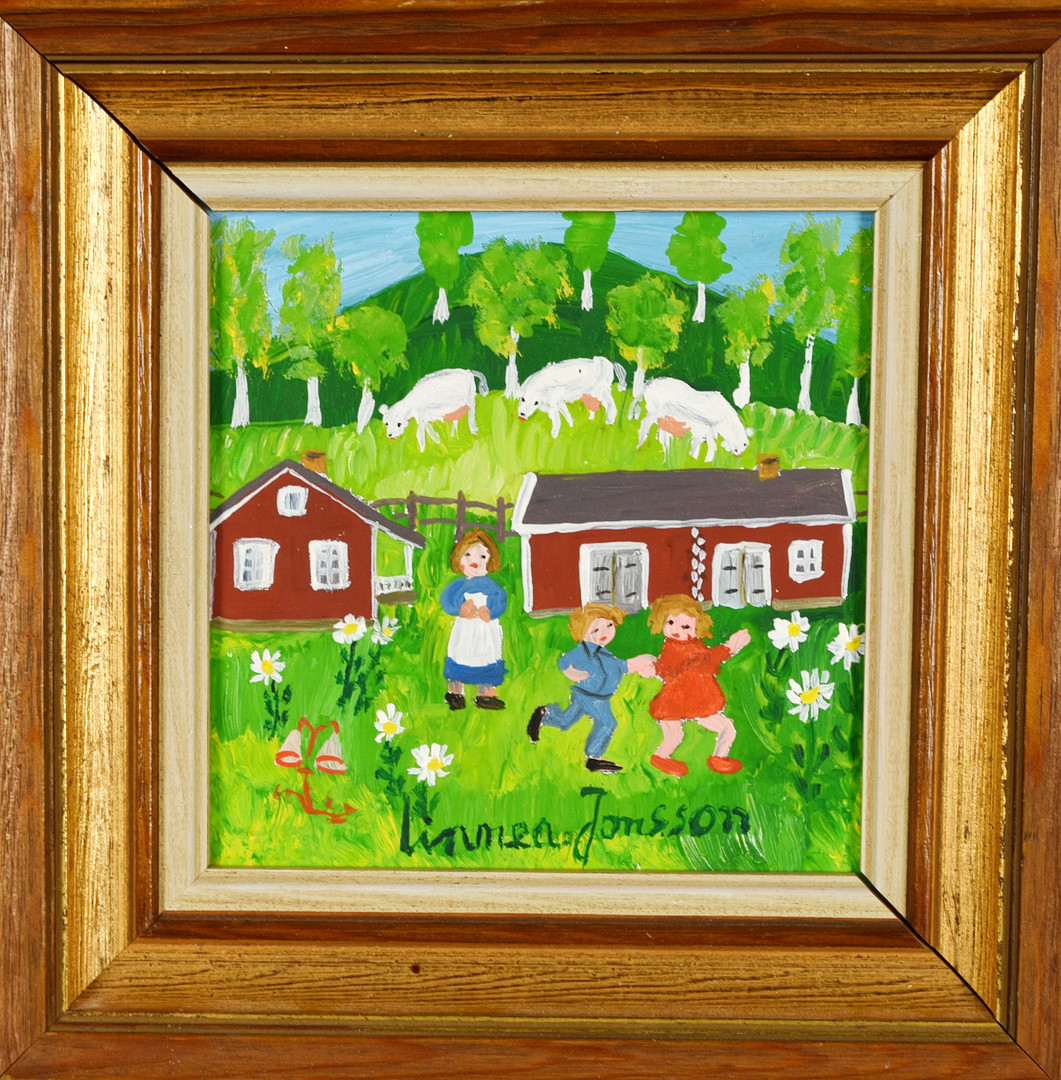 LINNEA JONSSON. Olja på pannå, Gårdscen, Signerad och daterad 1979.