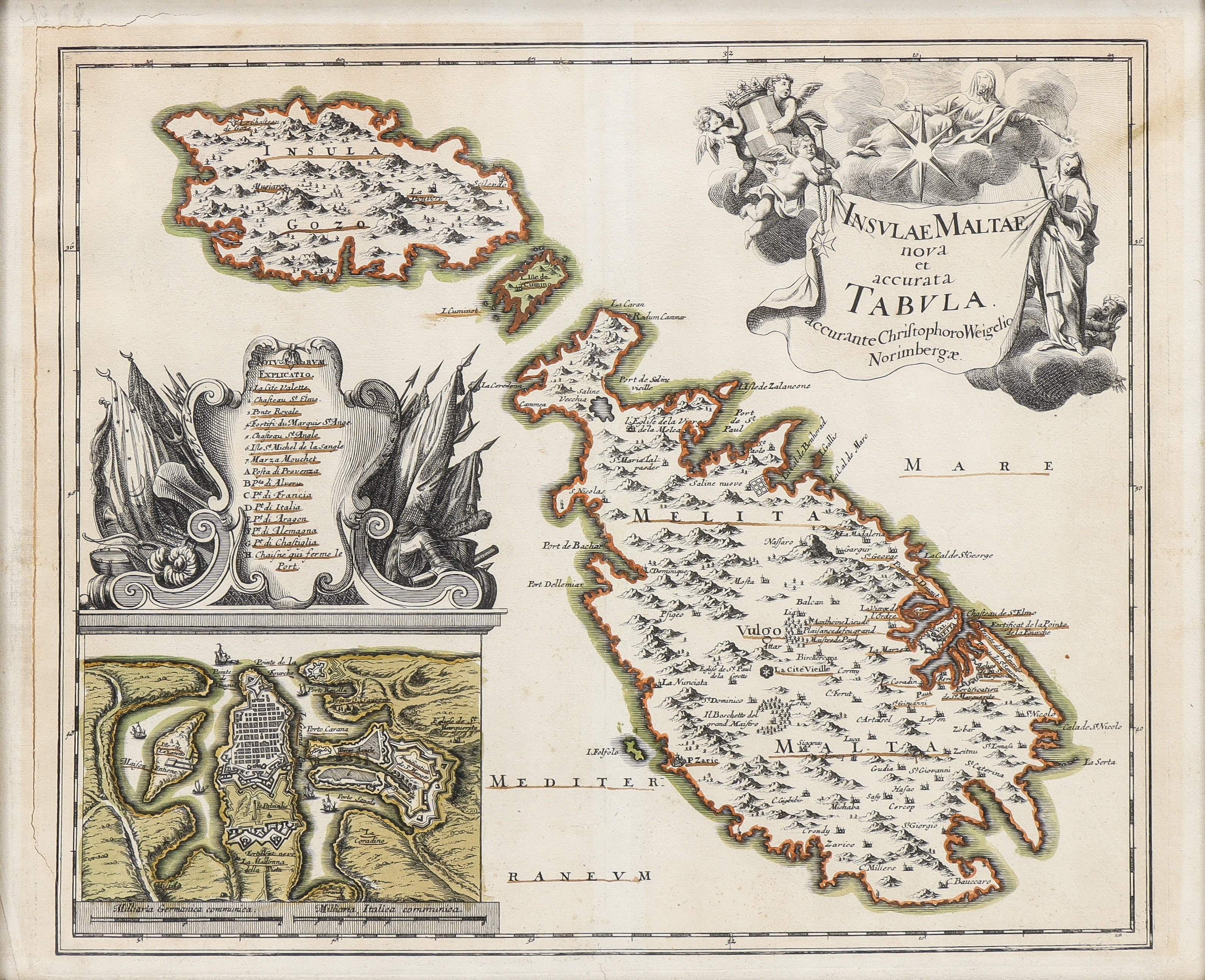 CHRISTOPH WEIGEL (1654 - 1725). Handkolorerad karta över ön Malta "Insulae Maltae nova et accurata Tabula accurante Christophoro Weigelio Norimberæ", publicerad 1720.
