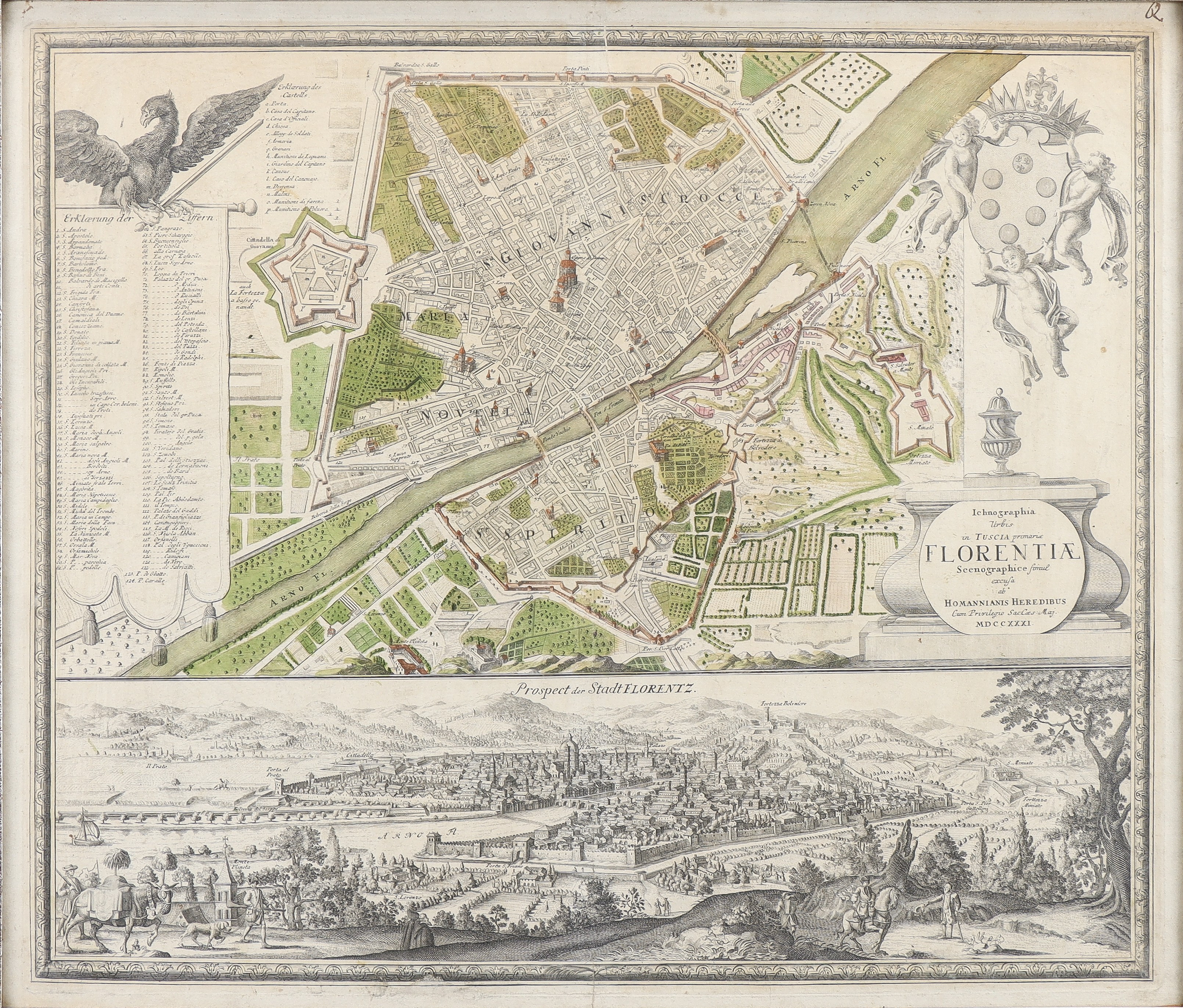 Handkolorerad karta över Florens, "Ichnographia Urbis in Tuscia primariae Florentiae" 1731.