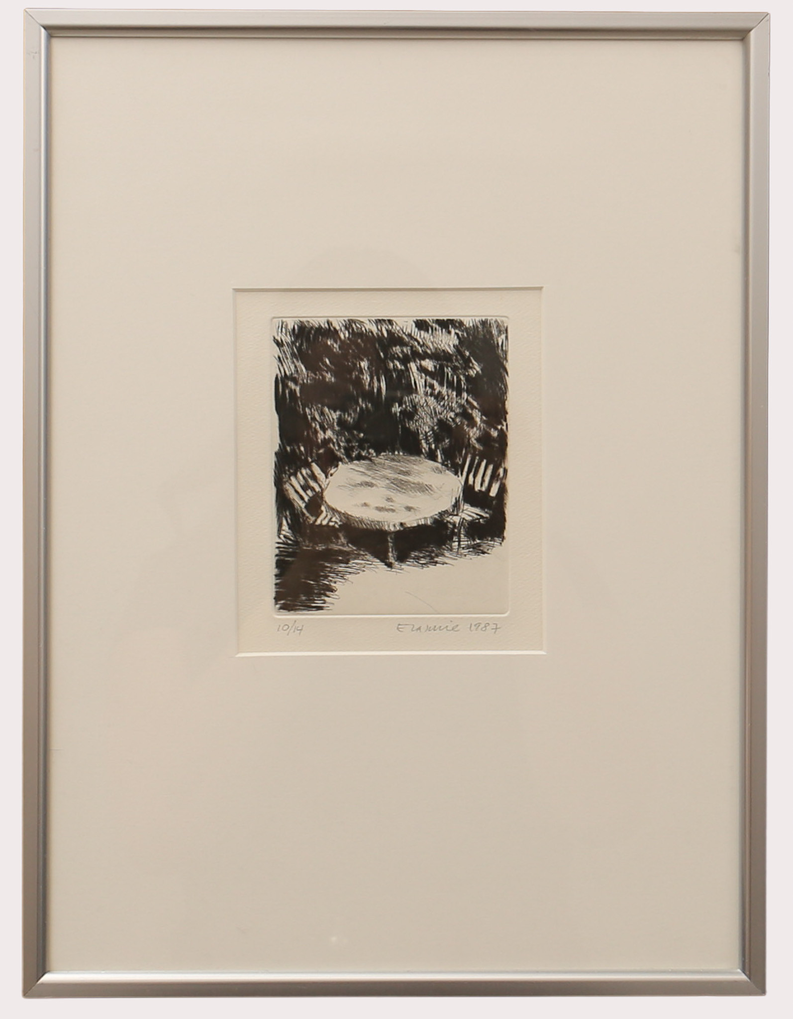 TORSTEN ERASMIE. etsning, "trädgårdsbord", numrerad 10/14. Signerad Erasmie 1987.