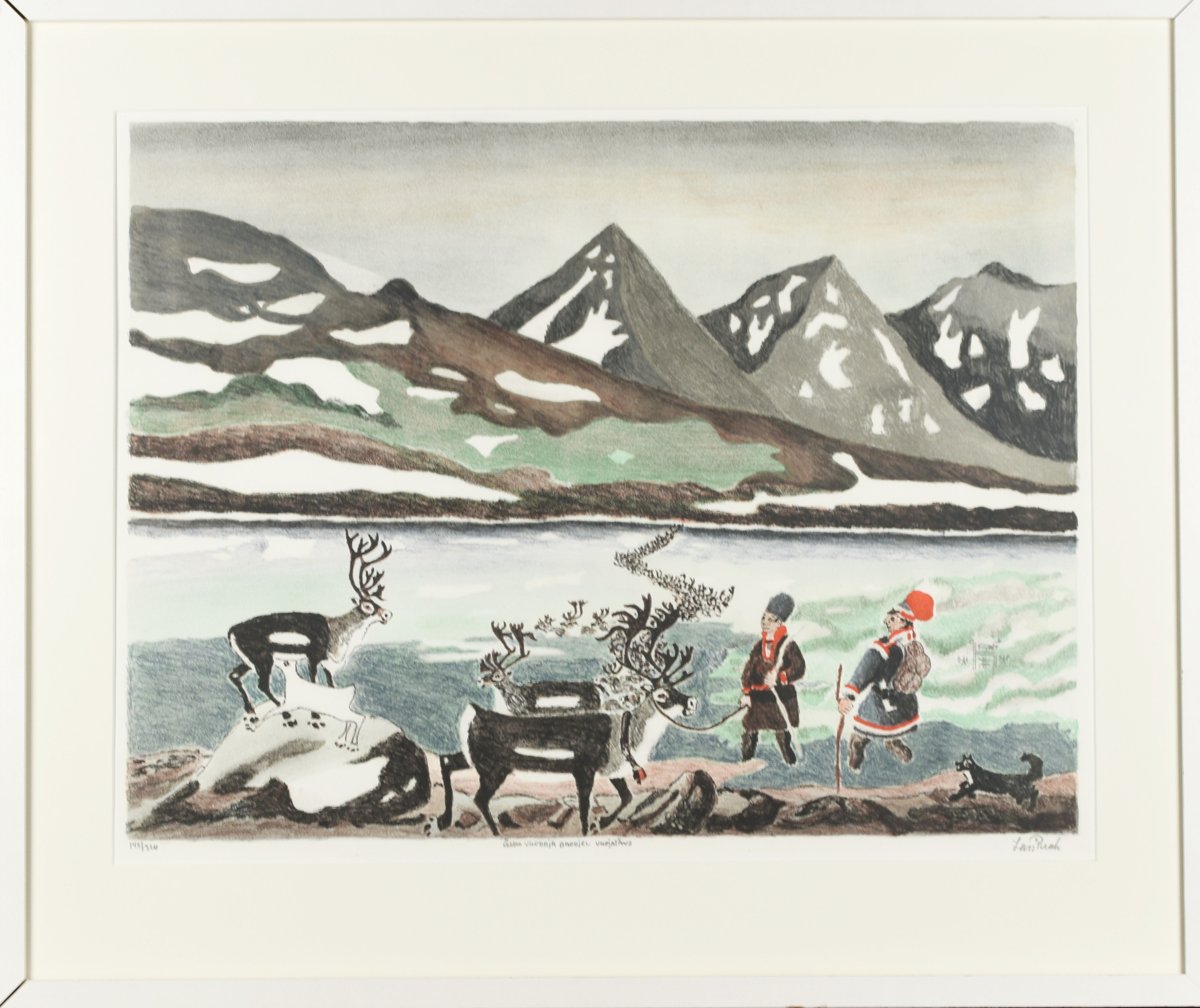 LARS PIRAK. Färglitografi, signerad, 143/320 "Renhjordar simmar över Voujatäötno".