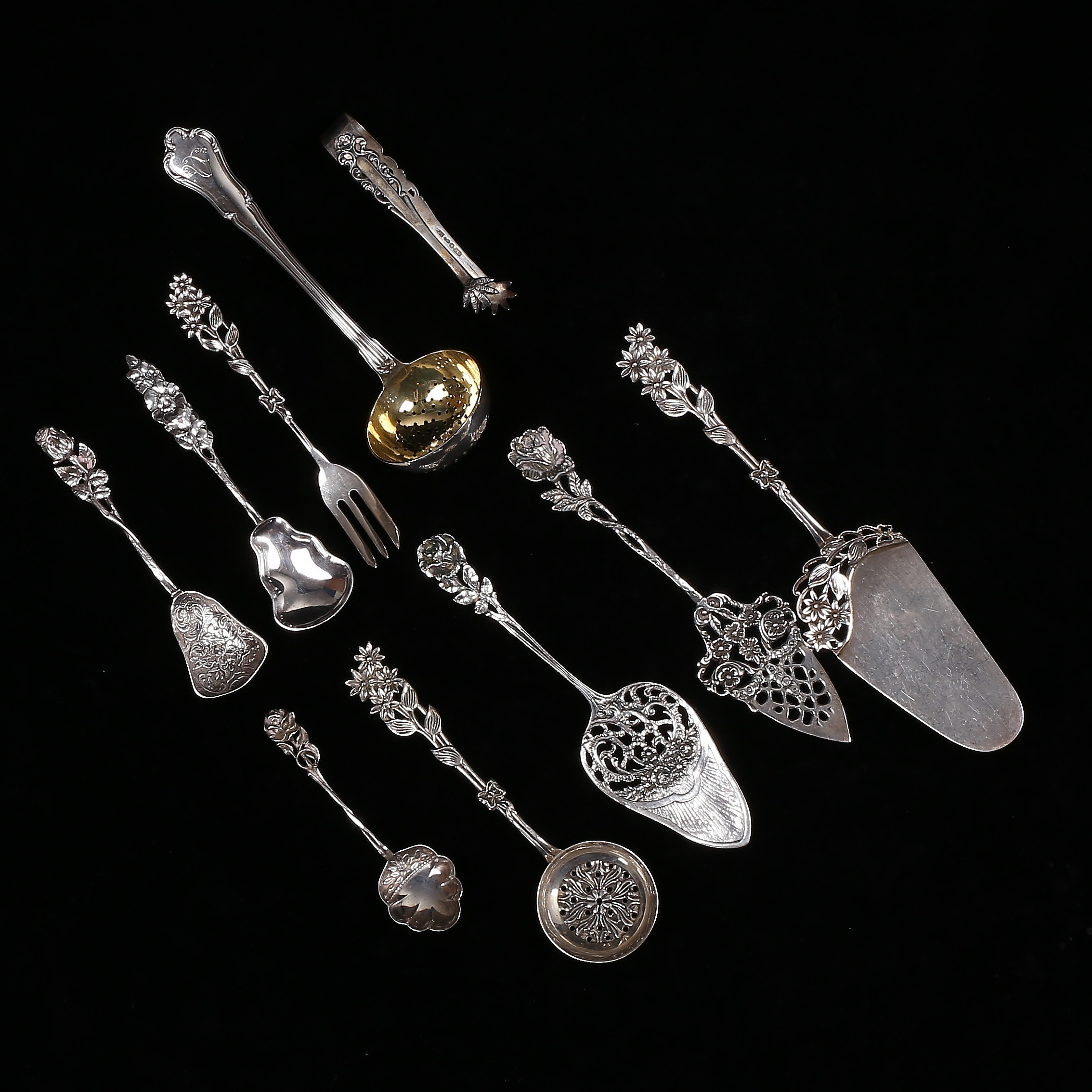 TÅRTSPADAR, SOCKERSTRÖARE mm, 10 st, silver, totalvikt 262 gram.