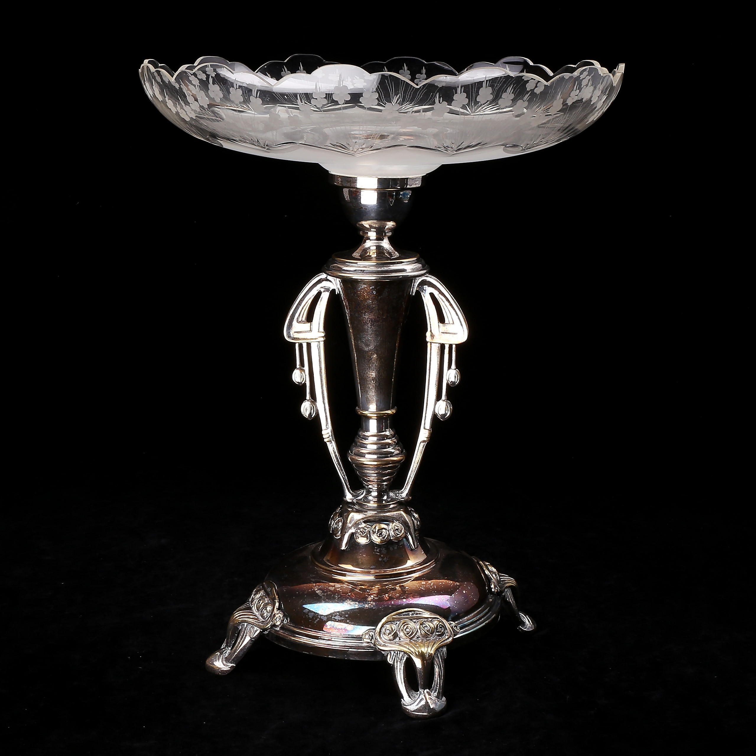 FAT PÅ FOT, nysilver/glas, jugend, 1800/1900-tal.