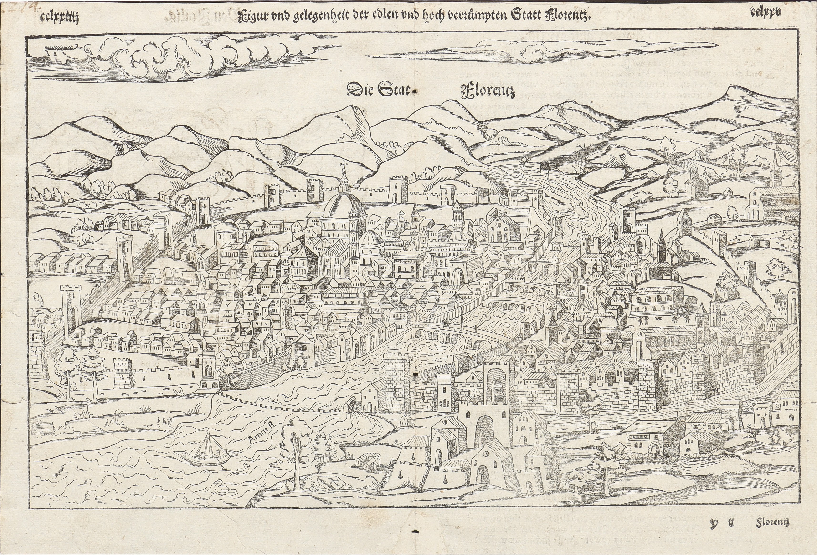SEBASTIAN MÜNSTER. Boksida ur "Cosmographia" "Figur und gelegenheit de edlen und hoch vereumpten statt Florentz", sannolikt 1500-talets mitt eller andra hälft.