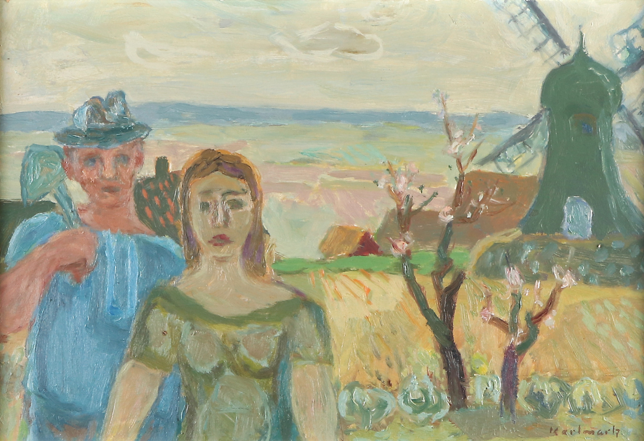 GERHARD KARLMARK. Oljemålning på pannå. Figurer vid mölla. Signerad.