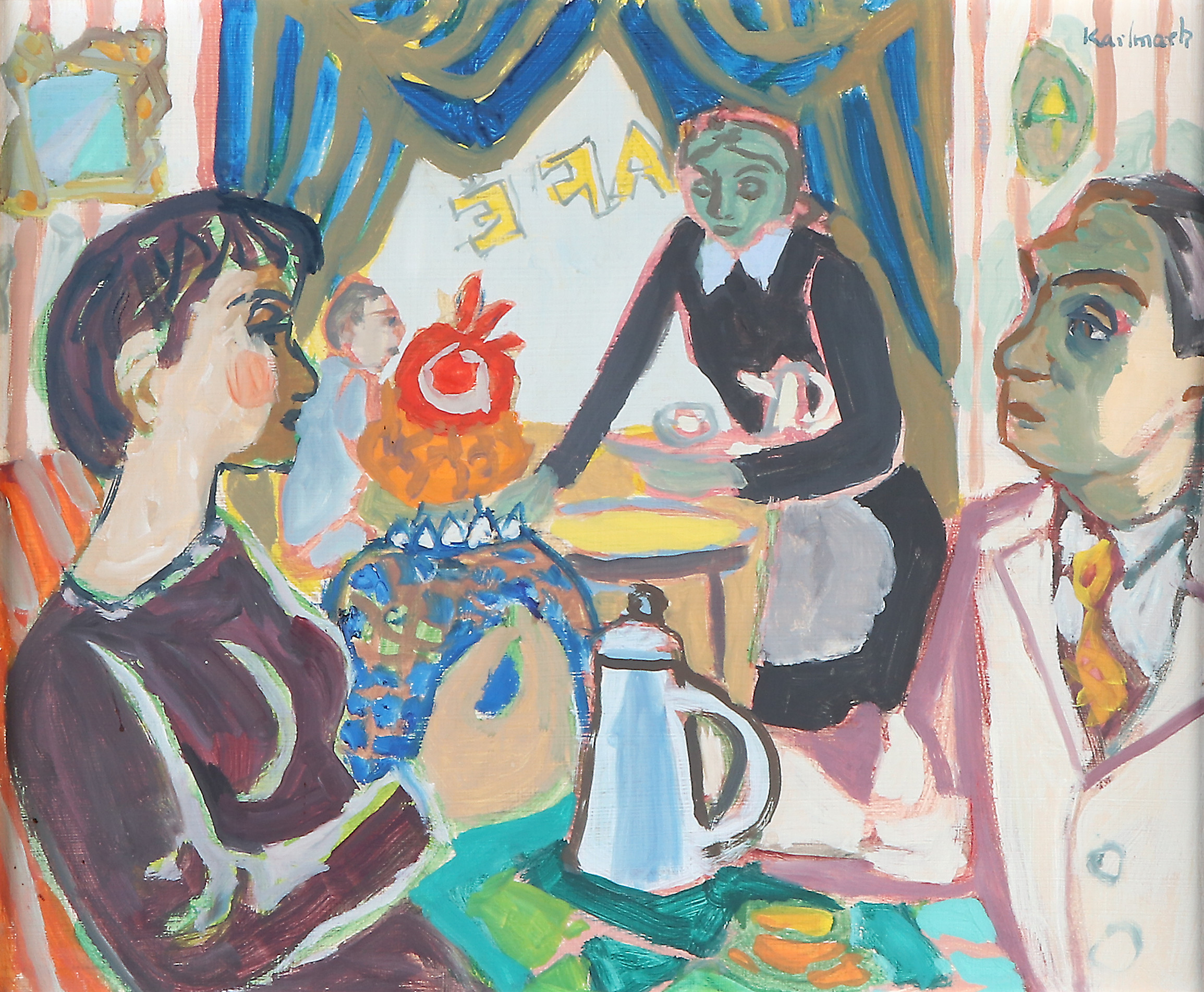 GERHARD KARLMARK. Oljemålning på pannå. Cafémotiv. Signerad.
