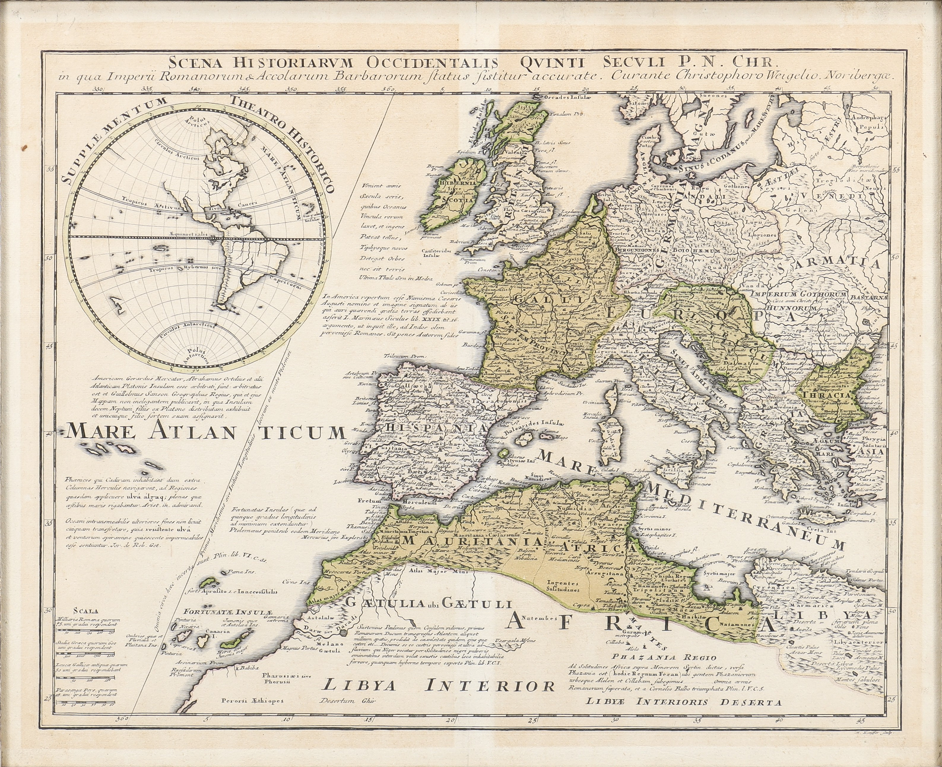 CHRISTOPH WEIGEL (1654 - 1725). Karta över det Romerska rikets utsträckning "Scena Historiarum Occidentalis Quinti Seculi P.N. Chr. in qua Imperii Romanorum & Accolarum Barbarorum Status Sistitur accurate" 1718.