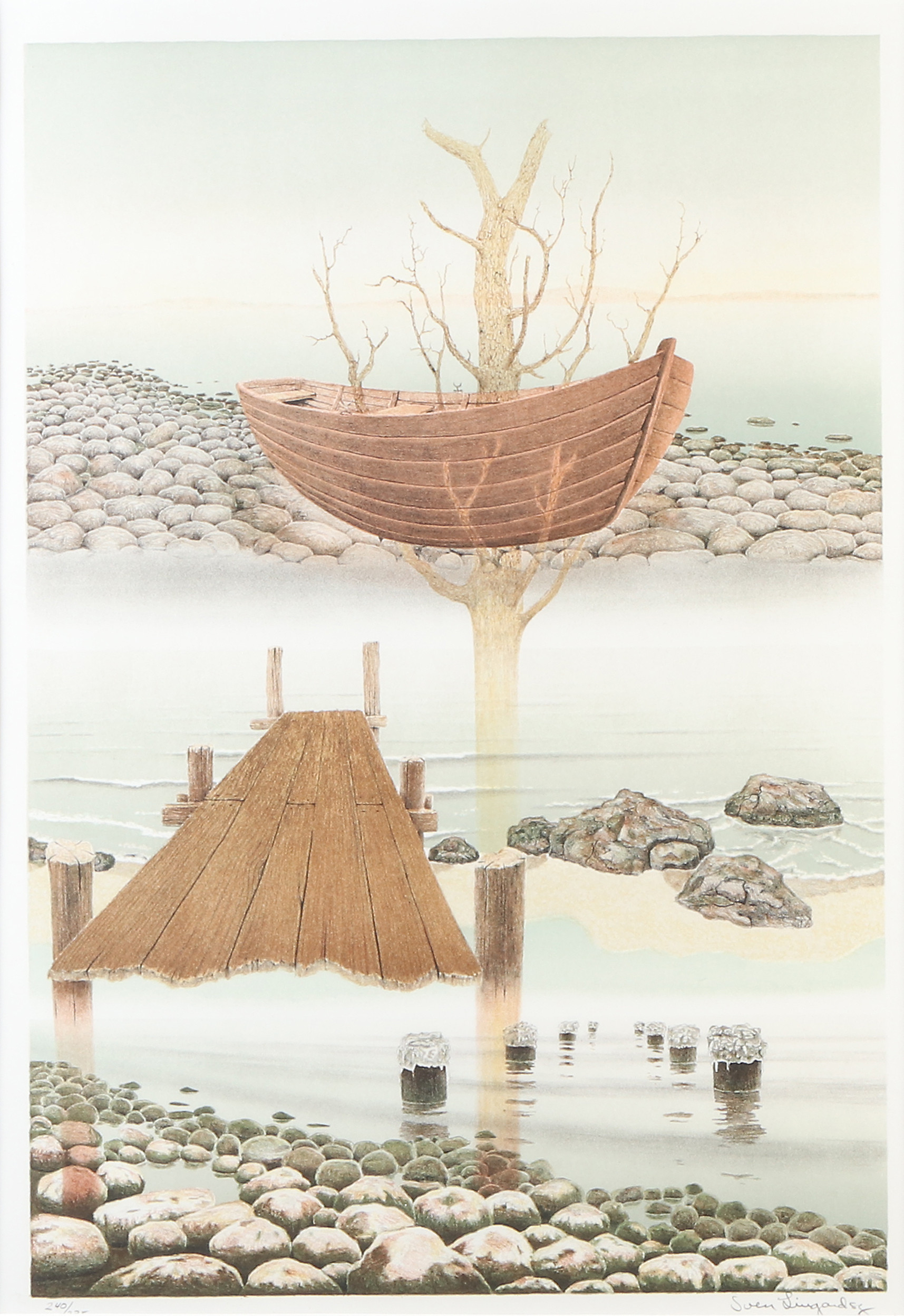 SVEN  LINGARDSZ. Litografi, numrerad under passepartout. Surrealistisakt landskap. Signerad.
