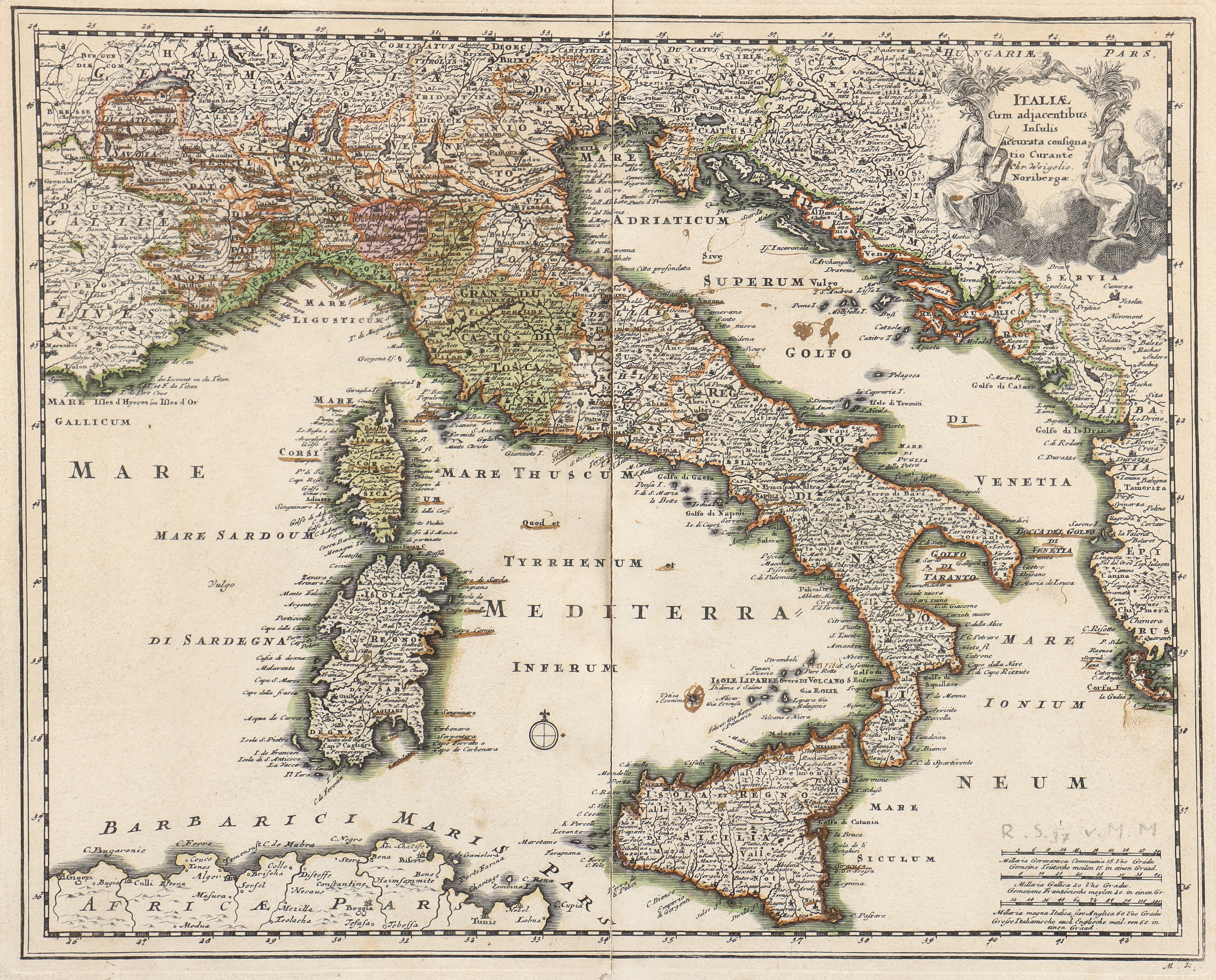 CHRISTOPH WEIGEL (1654 - 1725). Karta över Italien "Italiae Cum adjacentibus Insuls accurata consignatio Curante".