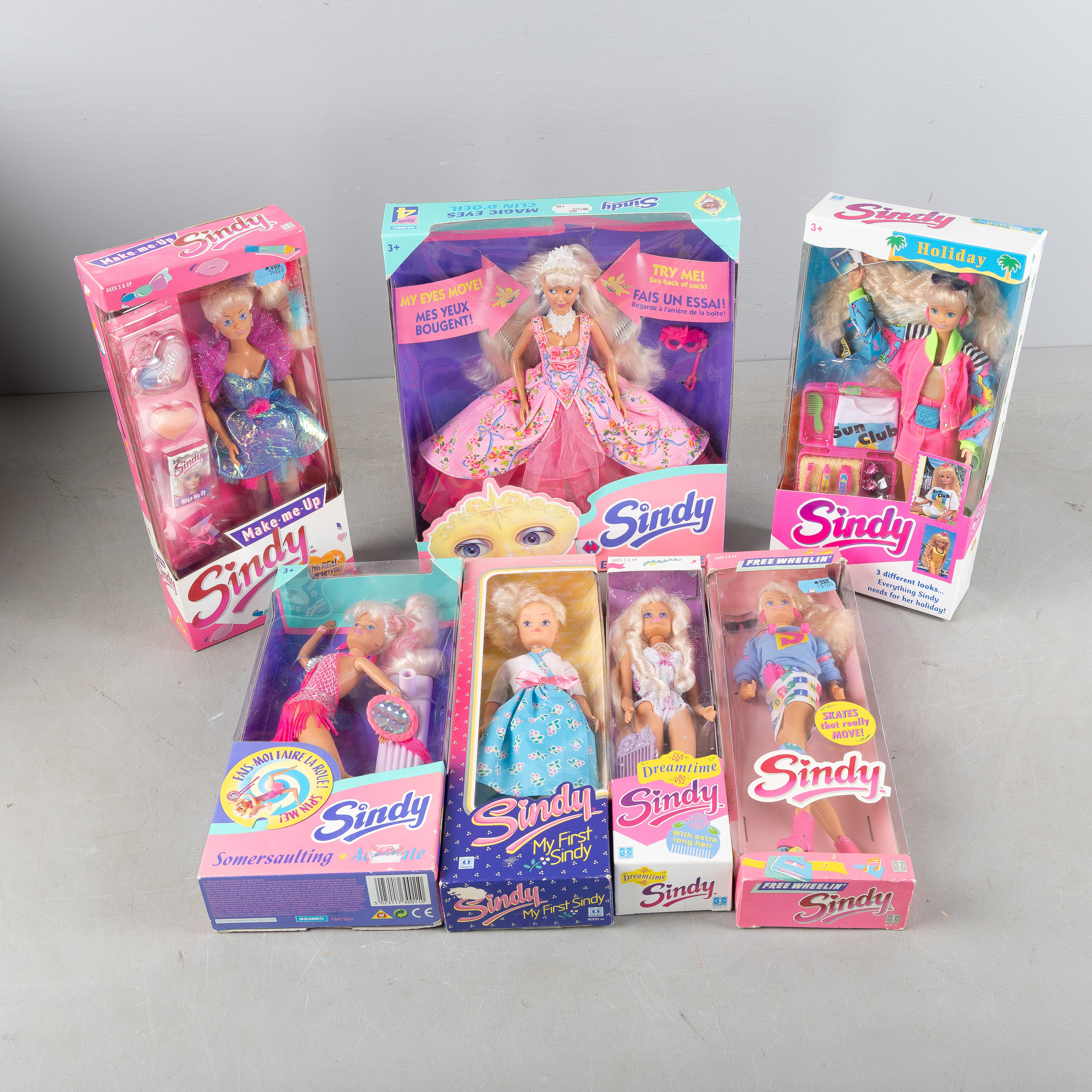 DOCKOR, "Sindy", 7 stycken, Hasbro, 1980-90-tal, NRFB.