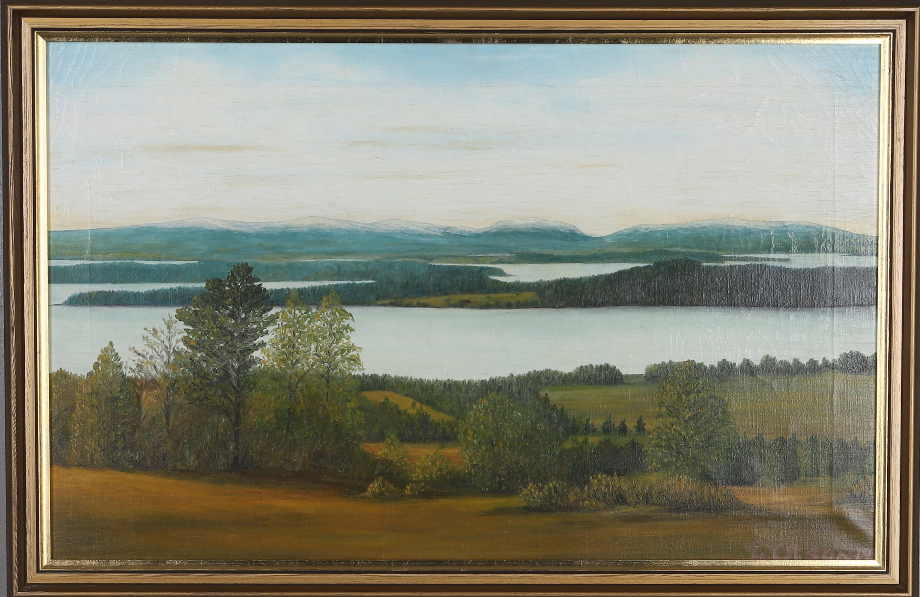 OIDENTIFIERAD KONSTNÄR, Olja på duk, landskapsmotiv, signerad E Olson, 1930-tal.