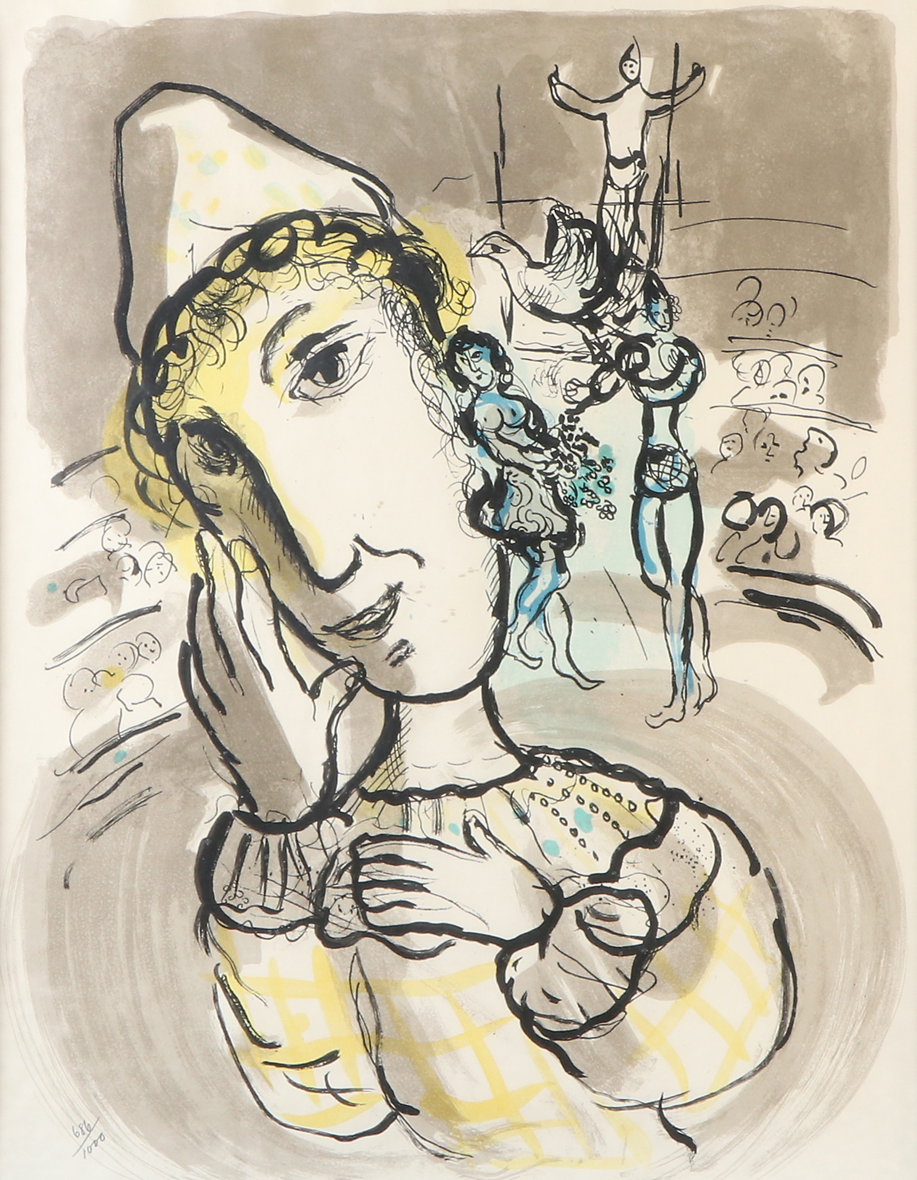 MARC CHAGALL. EFTER. Litografi, 686/1000. Cirkusmotiv med gul clown. Osignerad.