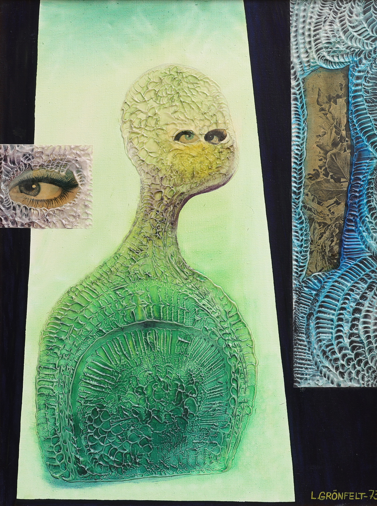 LARS GRÖNFELT 1926-1982. BLANDTEKNIK OCH COLLAGE PÅ DUK, SURREALISTISK KOMPOSITION, SIGNERAD OCH DATERAD 1973.