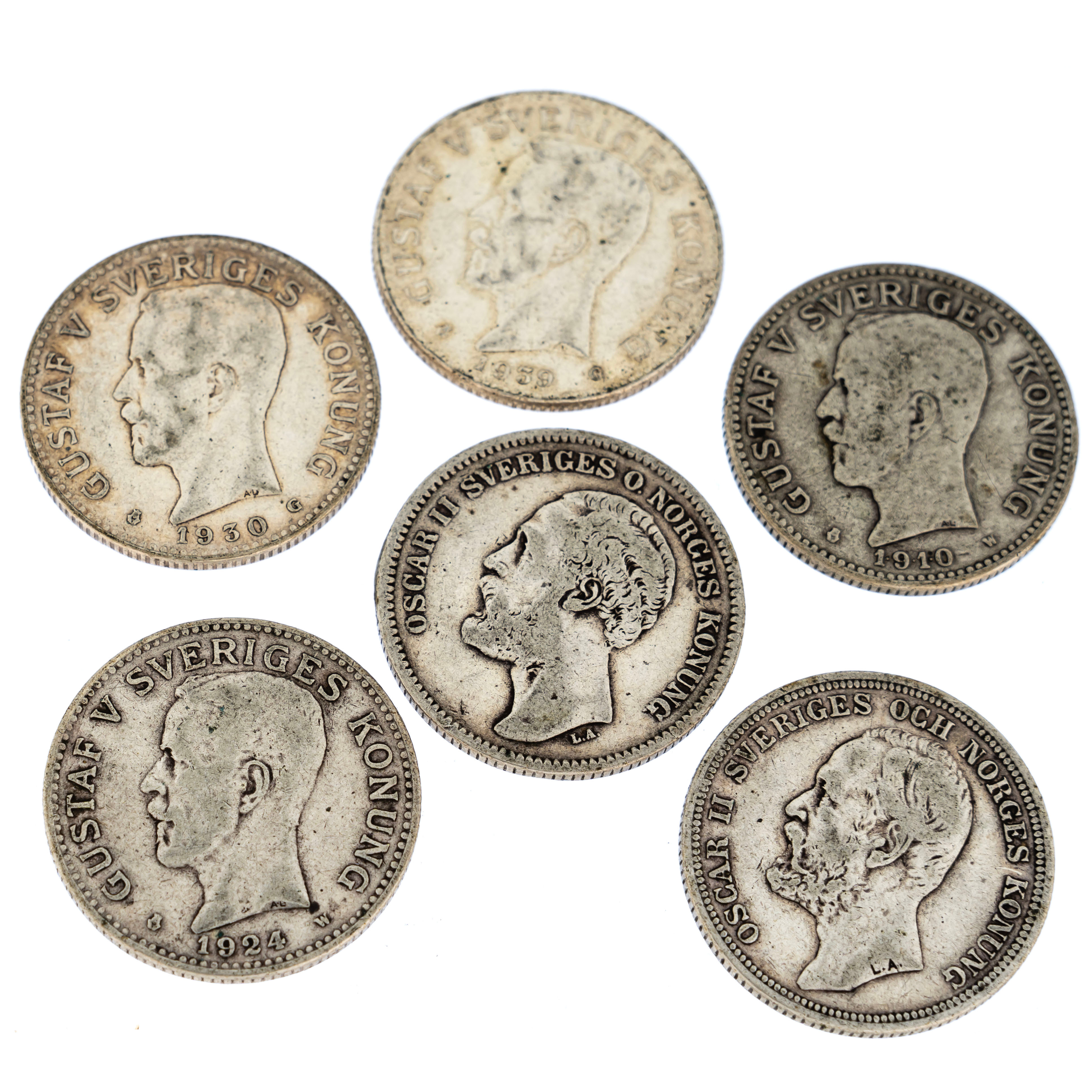TVÅKRONOR, Silver, 6 st, 1878-1939.