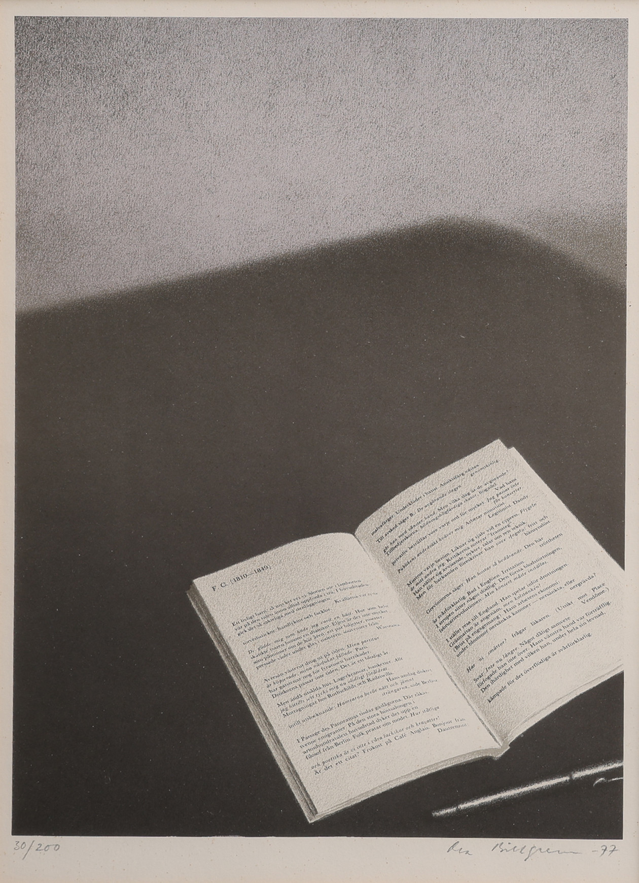 OLA BILLGREN. LITOGRAFI, "LITOGRAFI (DIKT AV ENZENSBERGER)", SIGNERAD, NUMRERAD 30/200 OCH DATERAD 1977.