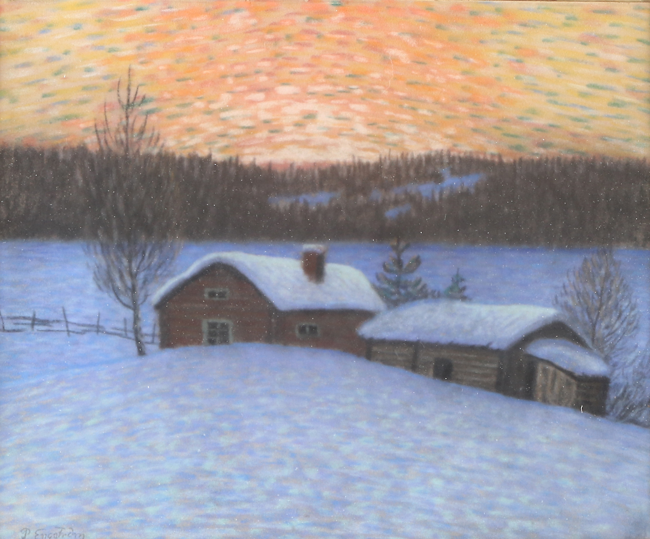 PER ENGSTRÖM. Pastell. Stuga i vinterlandskap. Signerad.