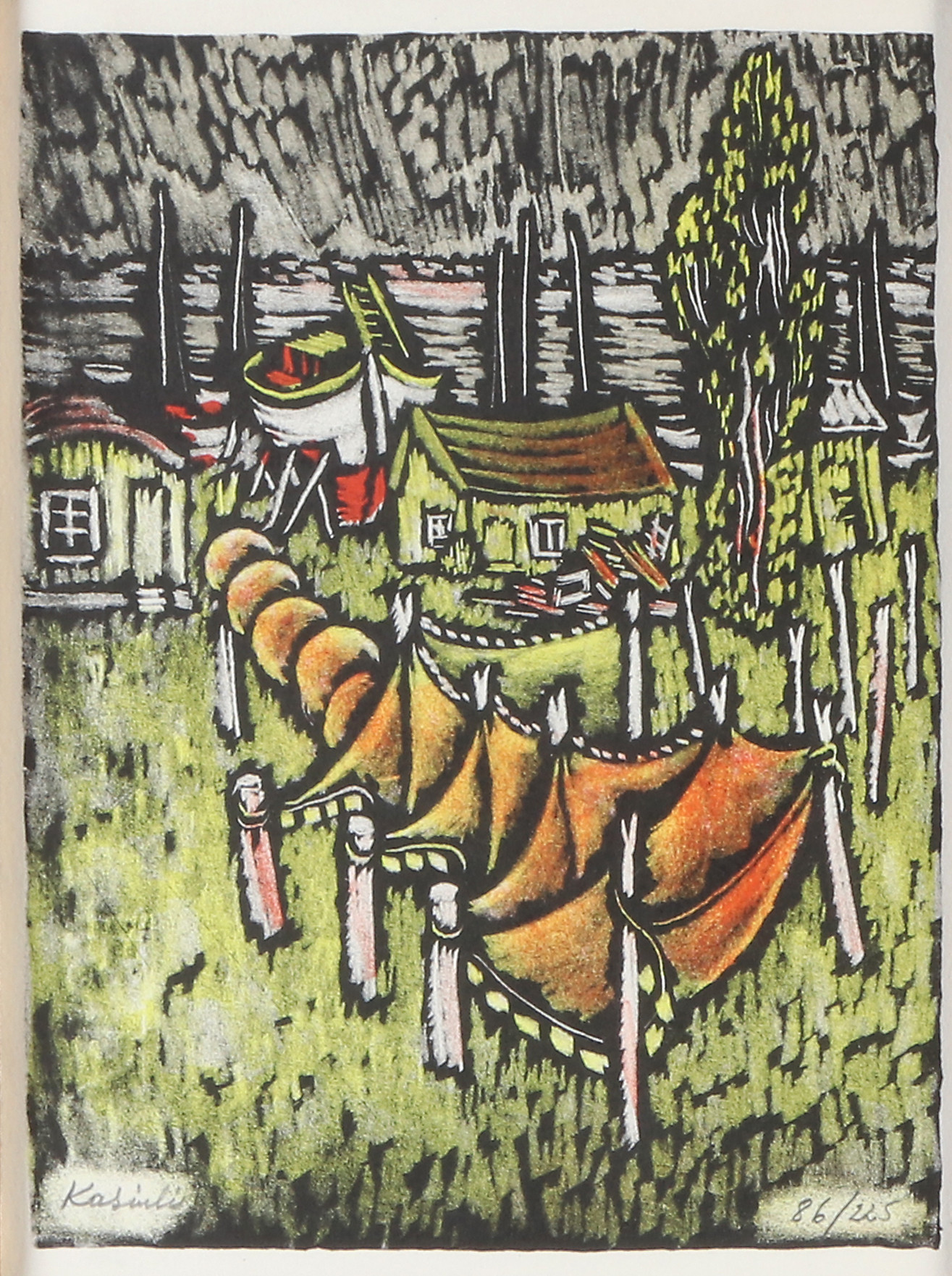 VYTAUTAS KASIULIS. Litografi, 86/225. Fiskenät på tork. Signerad.