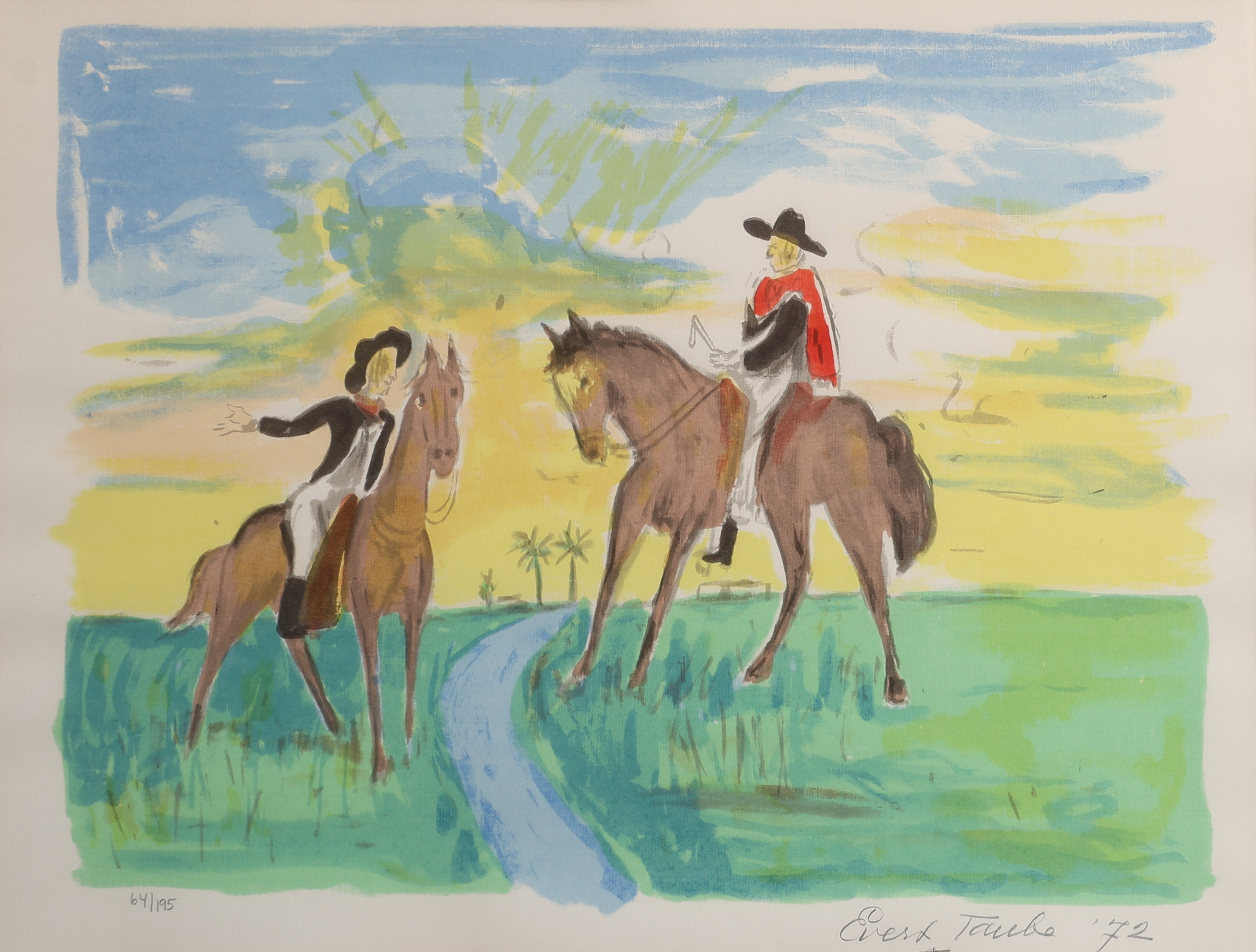 EVERT TAUBE. LITOGRAFI, "MÖTE PÅ PAMPAS" UR MAPPEN "MINNEN FRÅN PAMPAS", SIGNERAD, NUMRERAD 64/195 OCH DATERAD 1972.