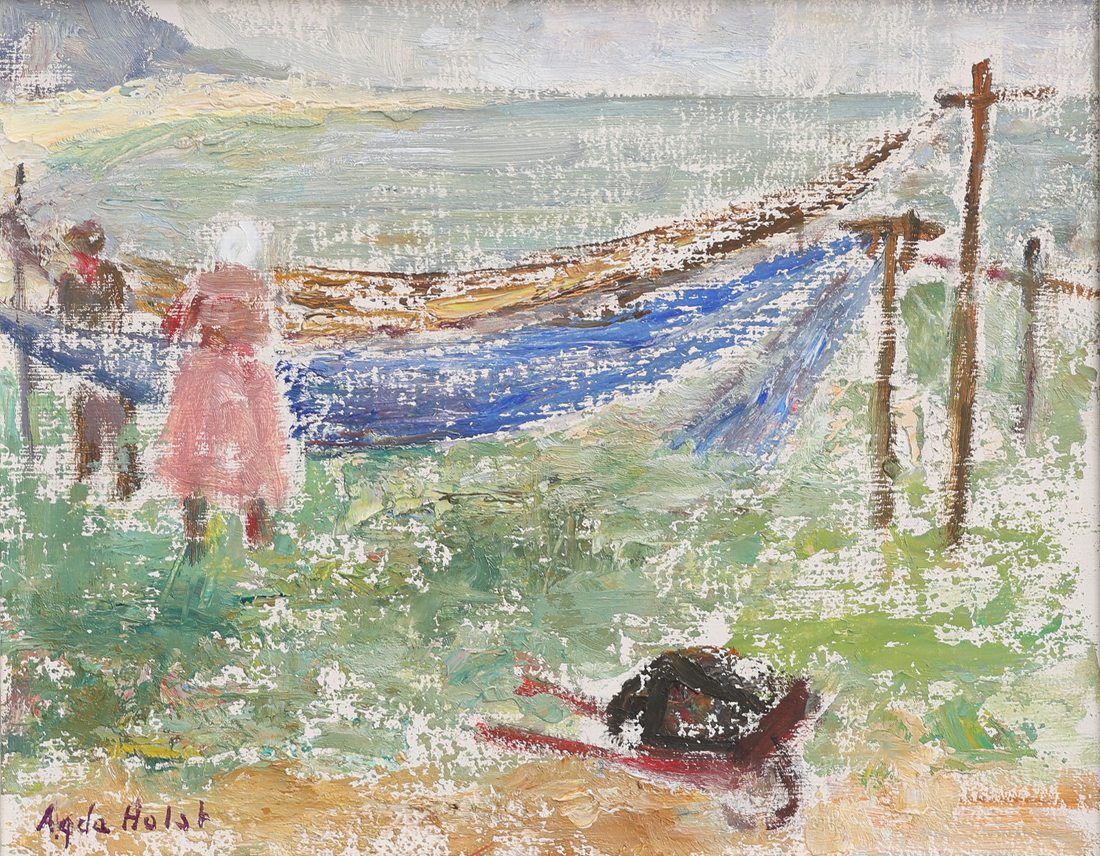 AGDA HOLST. OLJA PÅ PANNÅ, "VID STRANDEN", SIGNERAD OCH MED ORIGINALKVITTO FRÅN 1961.
