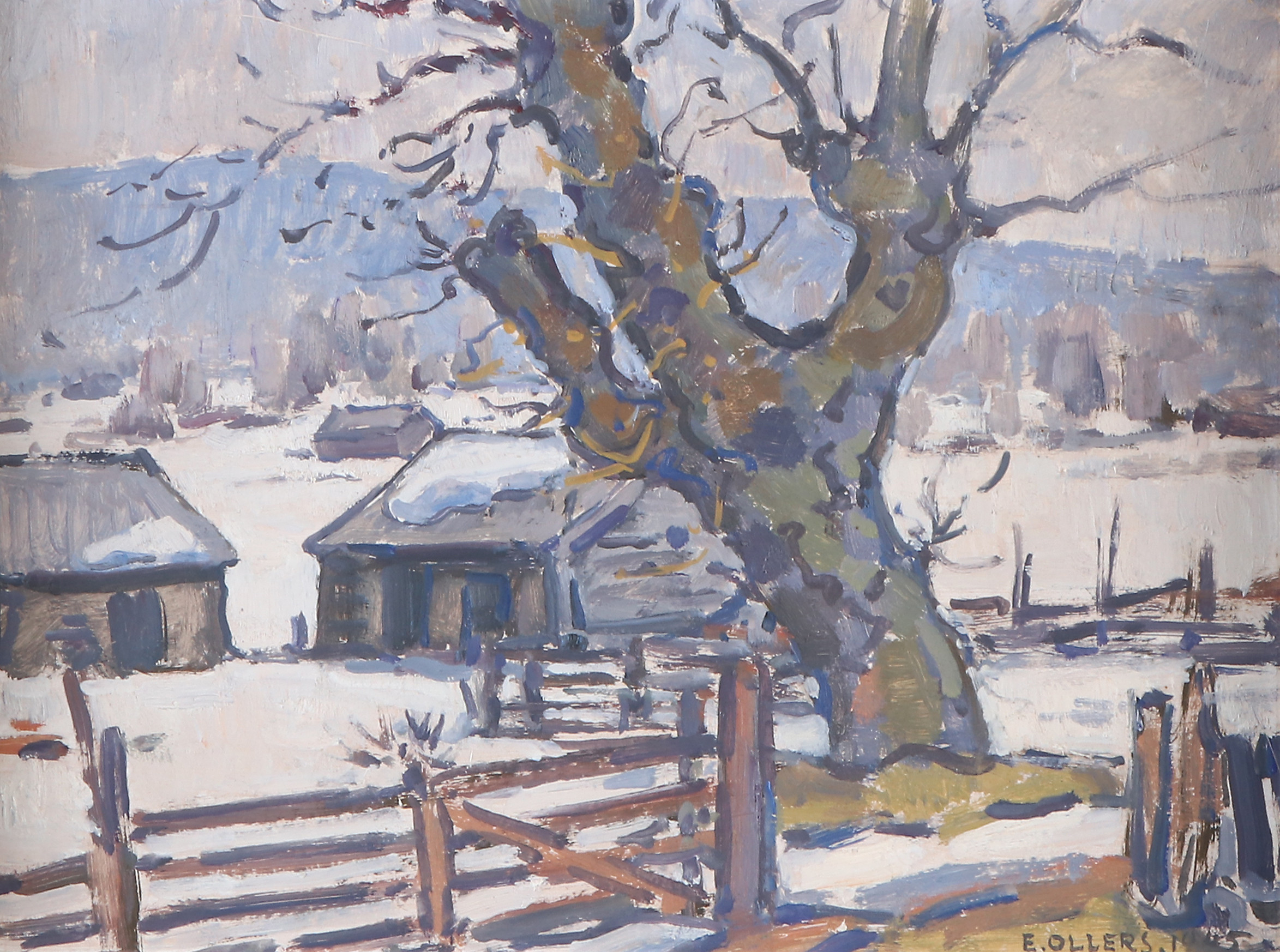 EDVIN OLLERS. Oljemålning på papper. Hus i vinterlandskap. Signerad.