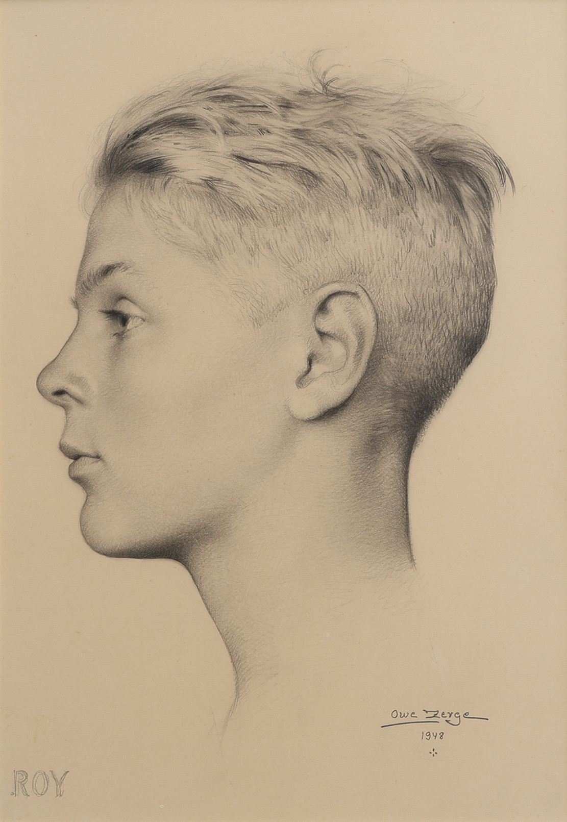 OWE  ZERGE. GRAFIT PÅ PAPPER, "ROY", SIGNERAD OCH DATERAD 1948.