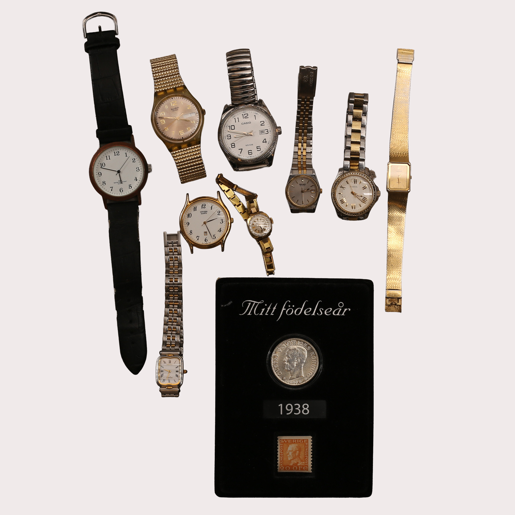 PARTI ARMBANDSUR, bla Swatch, Casio, Seiko, Certina mm samt 2 kr silver 1938.