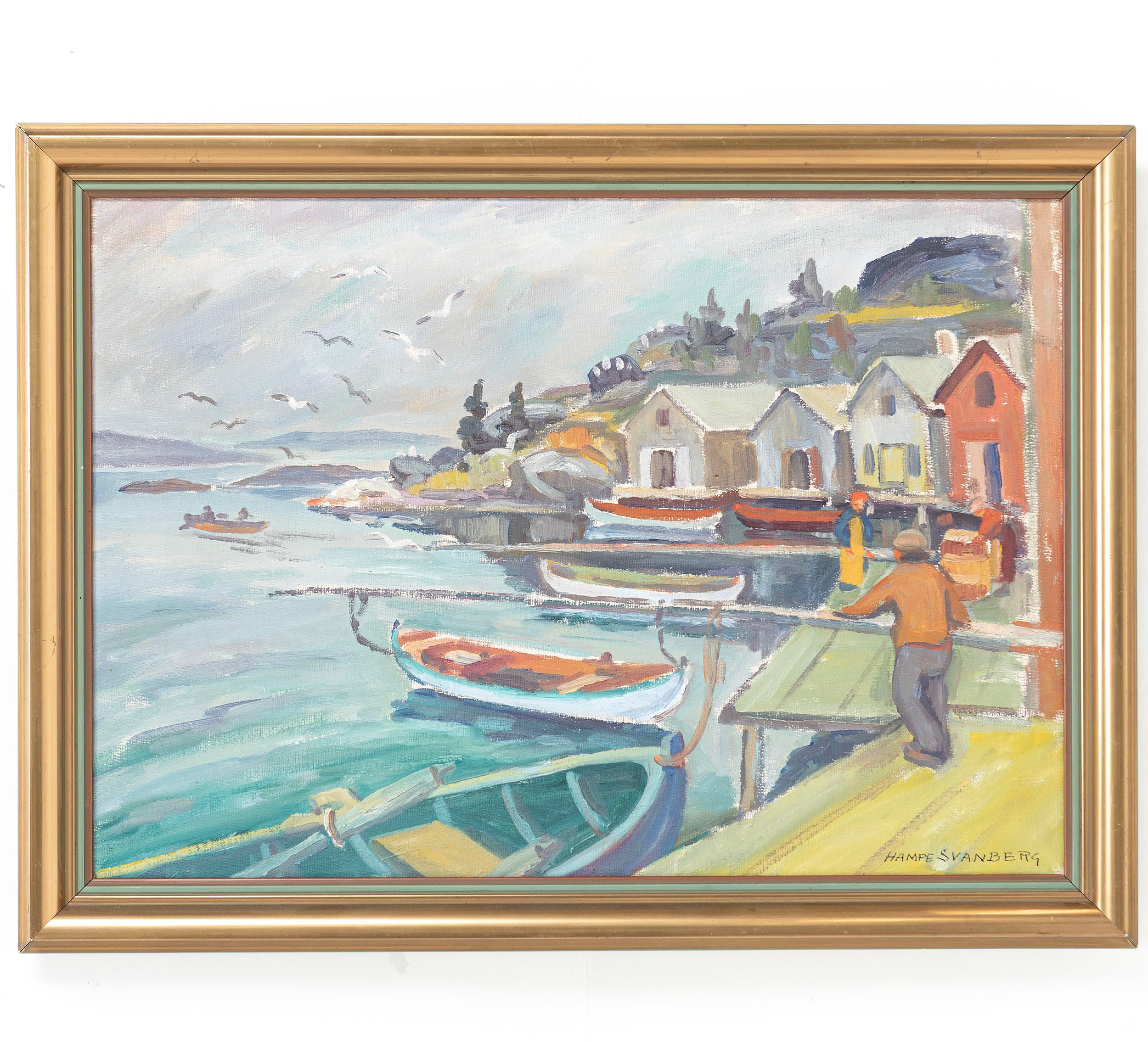 HAMPE SVANBERG. Olja på duk, Hamnmotiv med fiskebåtar, signerad.