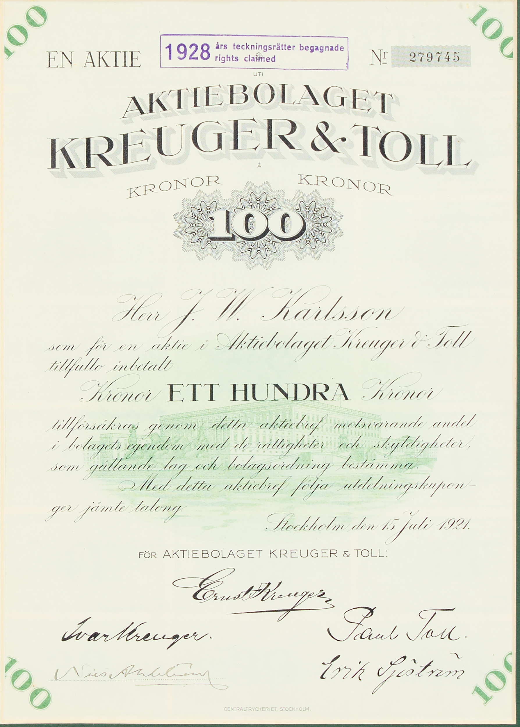 AKTIEBREV, AB Kreuger & Toll, signerade i original av bl.a Ivar Kreuger och Paul Toll, 1928.