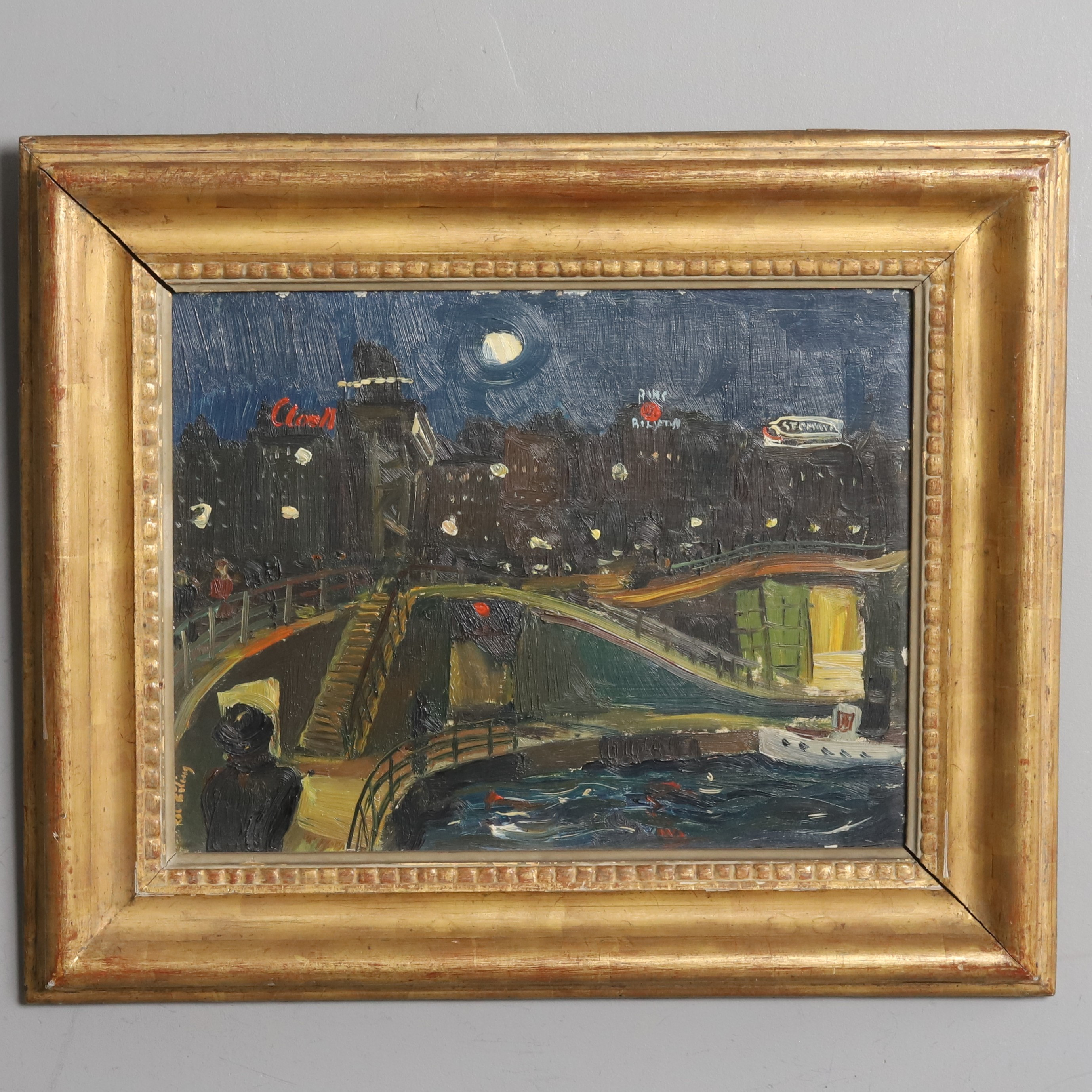 KAI BÄLING (1898–1976). Olja på pannå, "Stockholm", signerad samt dedikerad a tergo.