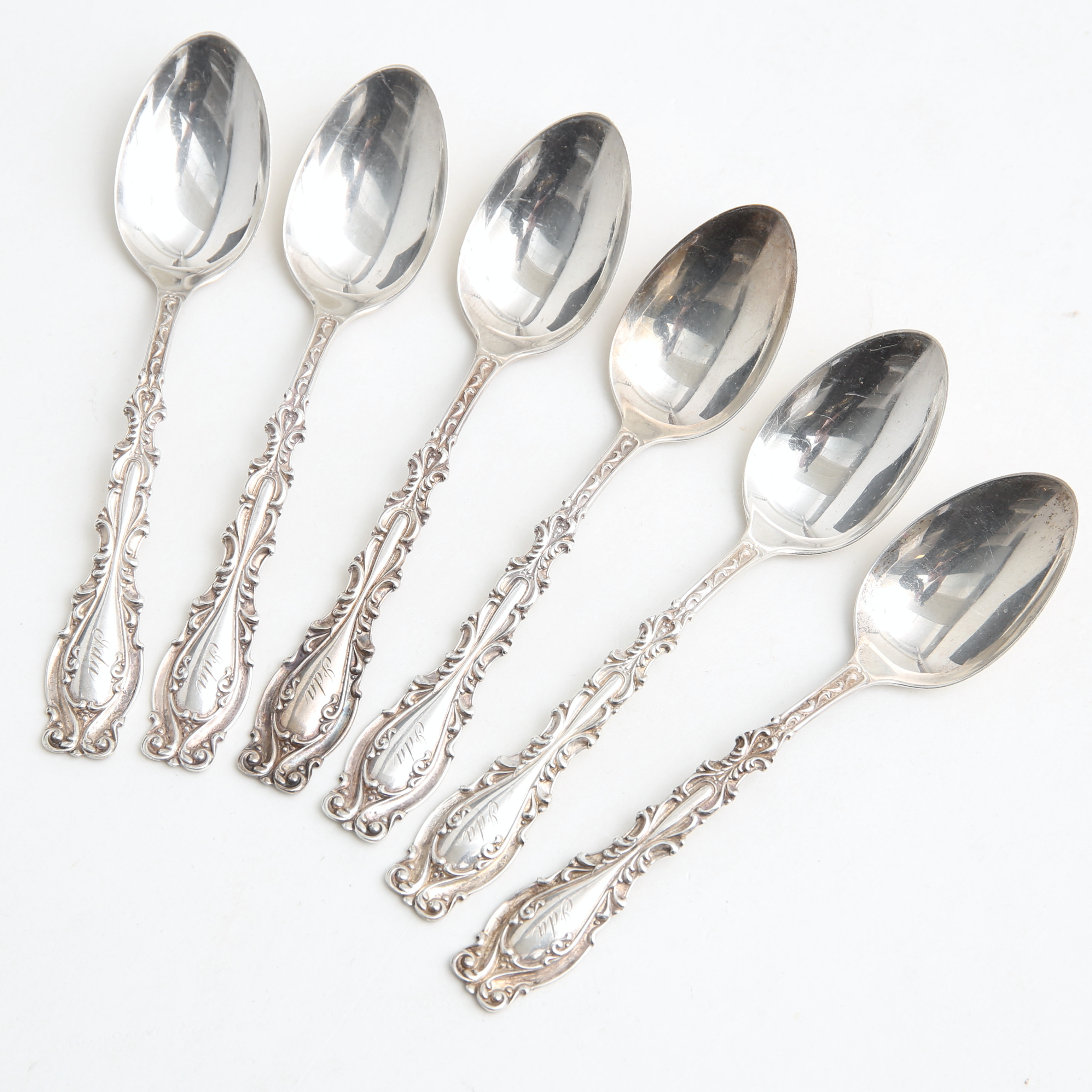 SILVER, kaffeskedar 6 st, Sterling Silver, Frank M. Whiting & Co, "Josephine", vikt 106 gram.