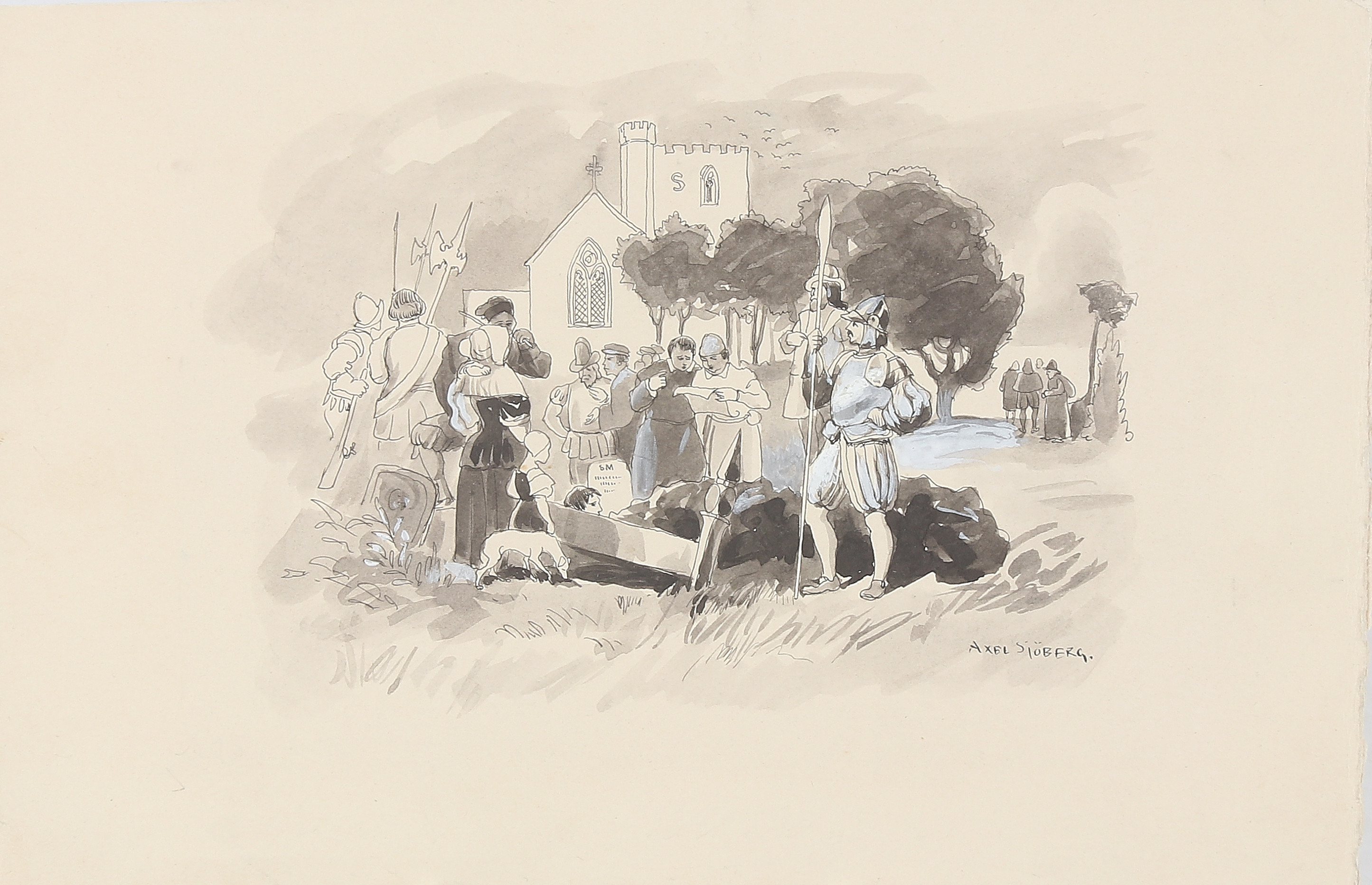 AXEL SJÖBERG  (1866-1950). Historisk scenbild, akvarell på papper, signerad.