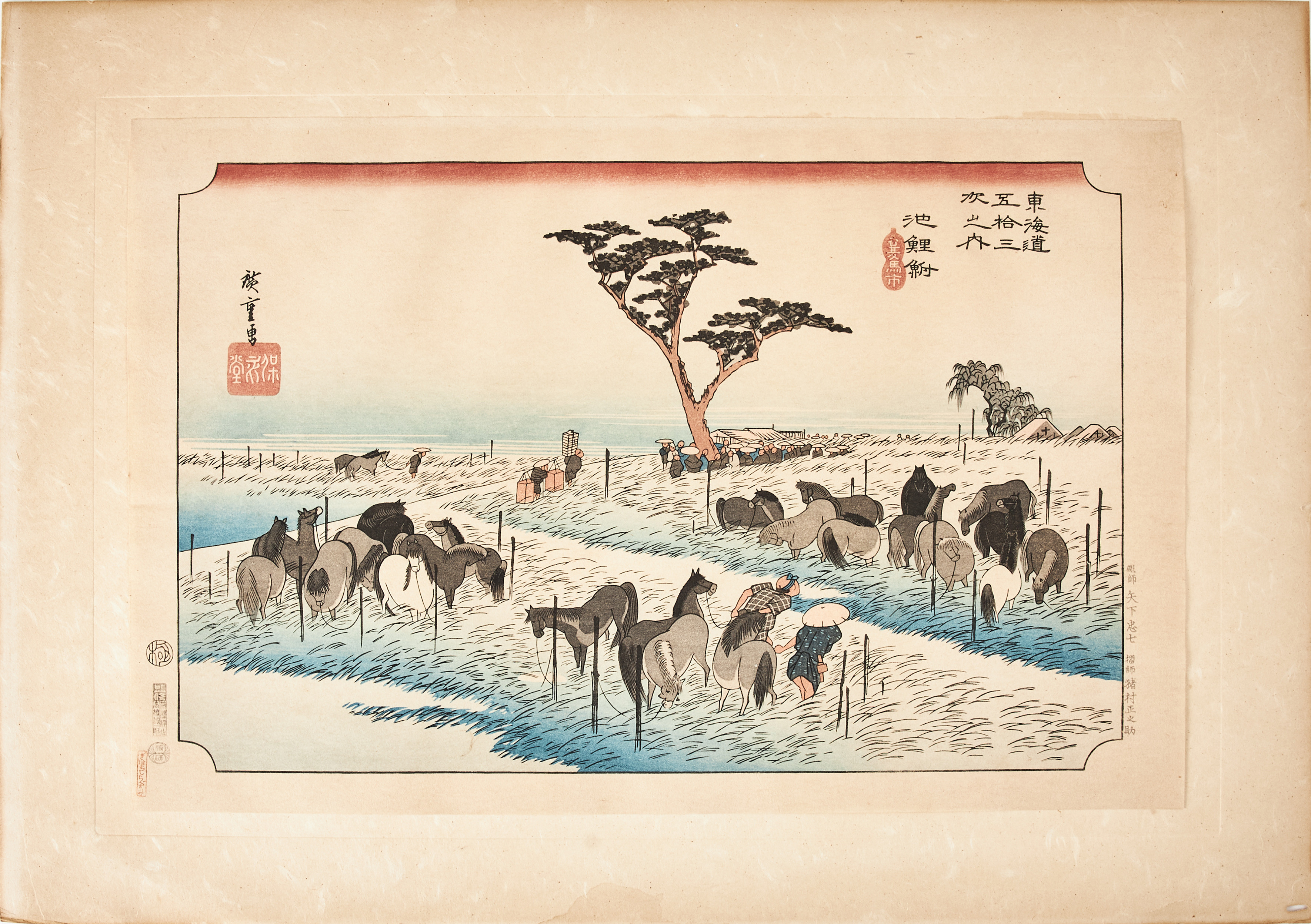 ANDO UTAGAWA HIROSHIGE (1797-1858). Efter. "Chiryu: Early Summer Horse Fair" (Chiryu, shuka uma ichi) ur Hoeidos upplaga av serien "Fifty-three Stations of the Tokaido" (Tokaido gojusan tsugi no uchi).