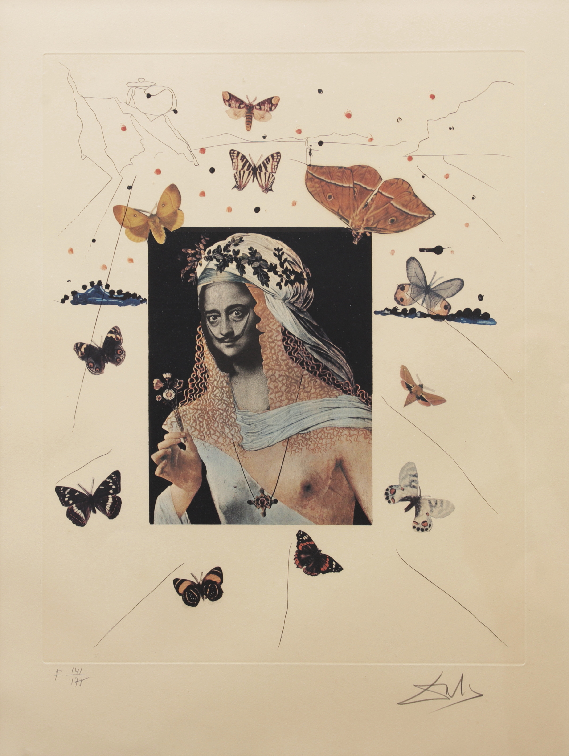 SALVADOR DALÍ. "Surrealistiskt porträtt av Dalí omgiven av fjärilar". Färglitografi från "Memories of surrealism", signerad och numrerad F 141/175.