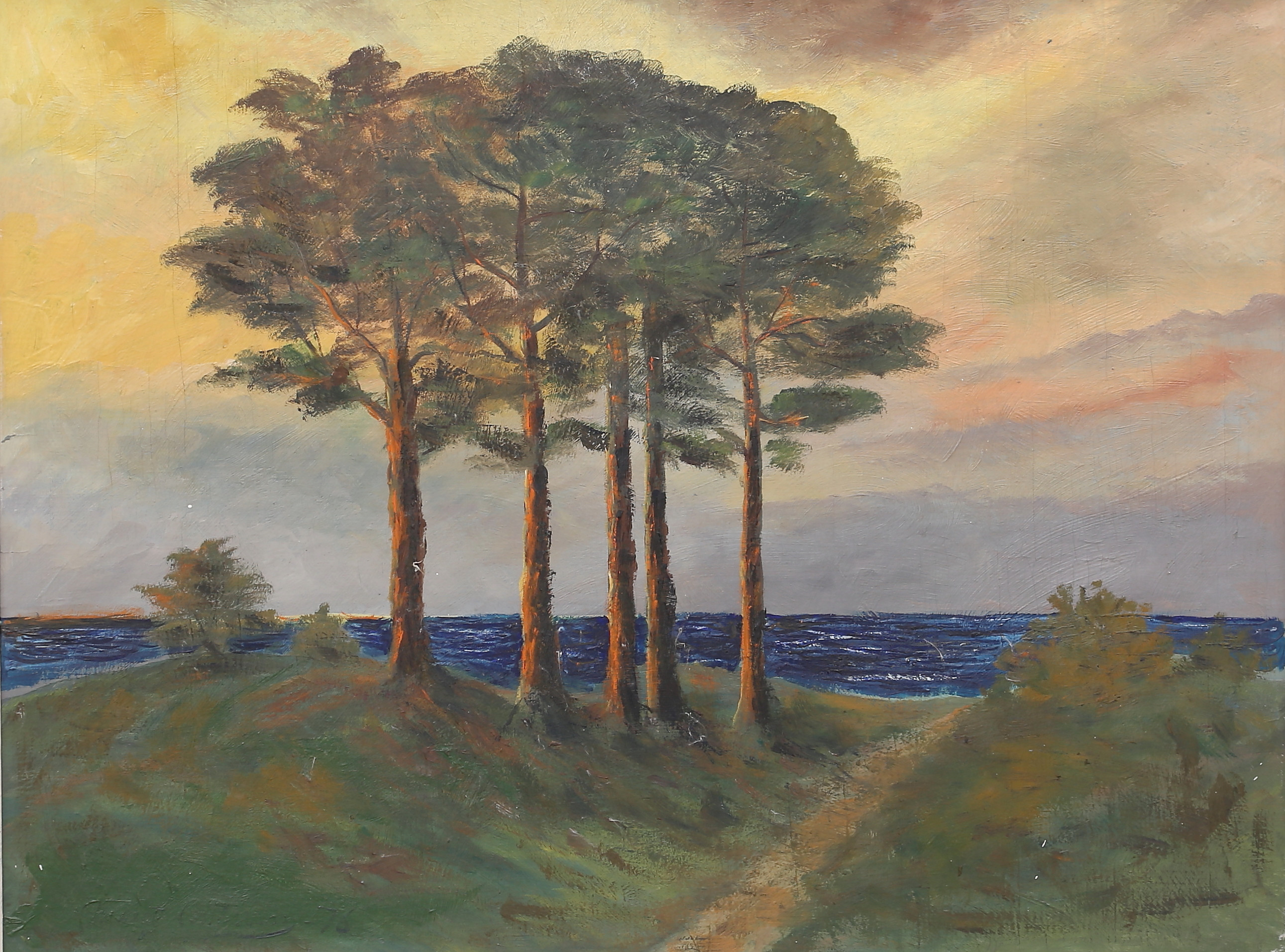 OIDENTIFIERAD KONSTNÄR. Solbelysta tallar vid havet. Olja på pannå, otydligt signerad, daterad 1876.