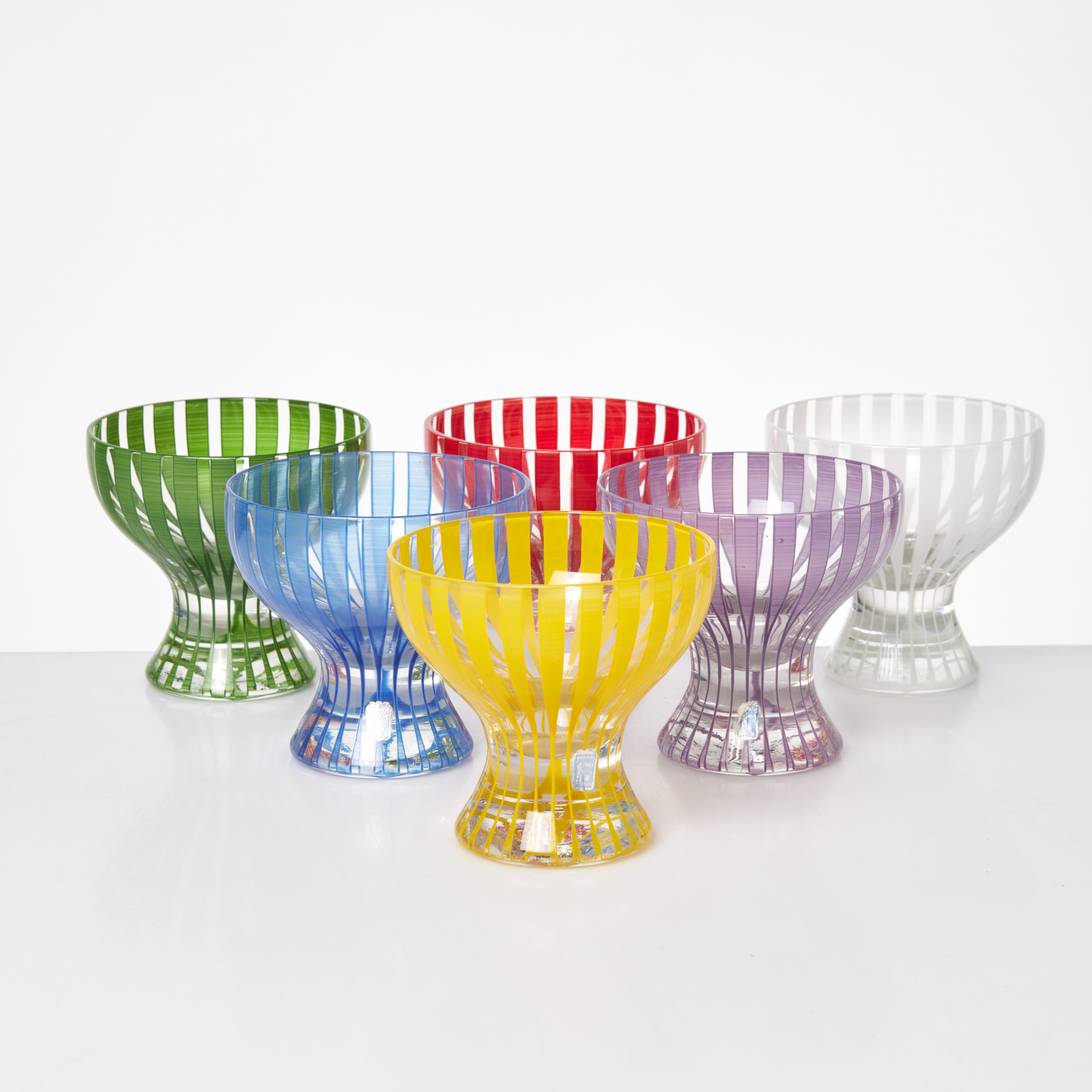 BENGT ORUP. Dessertglas, 6 st, "Stripe", Johansfors, delvis etikettmärkta.