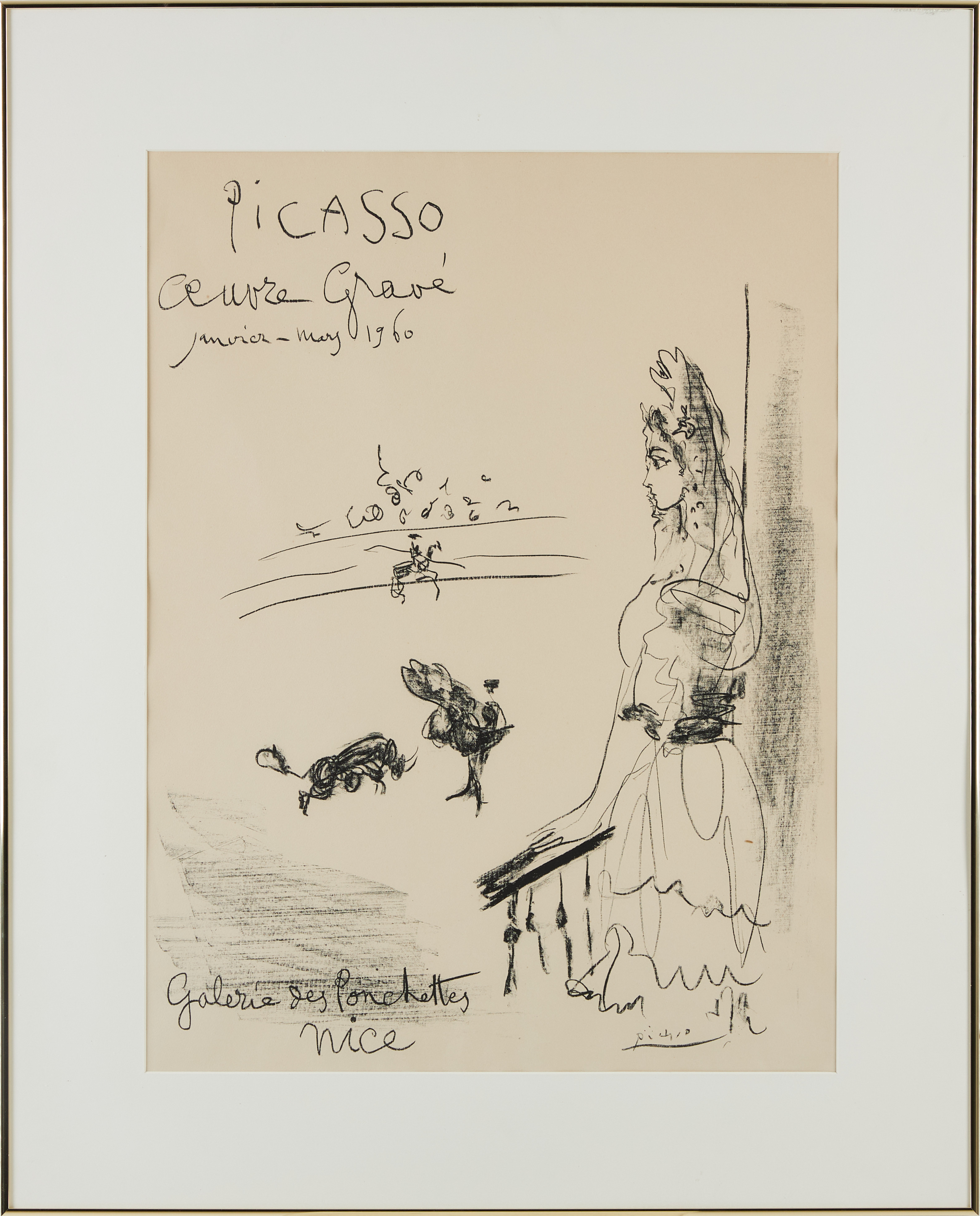 UTSTÄLLNINGSAFFISCH, Picasso "Femme au balcon" Oeuvre Gravé, Galerie des Ponchettes Nice 1960. Litografi.