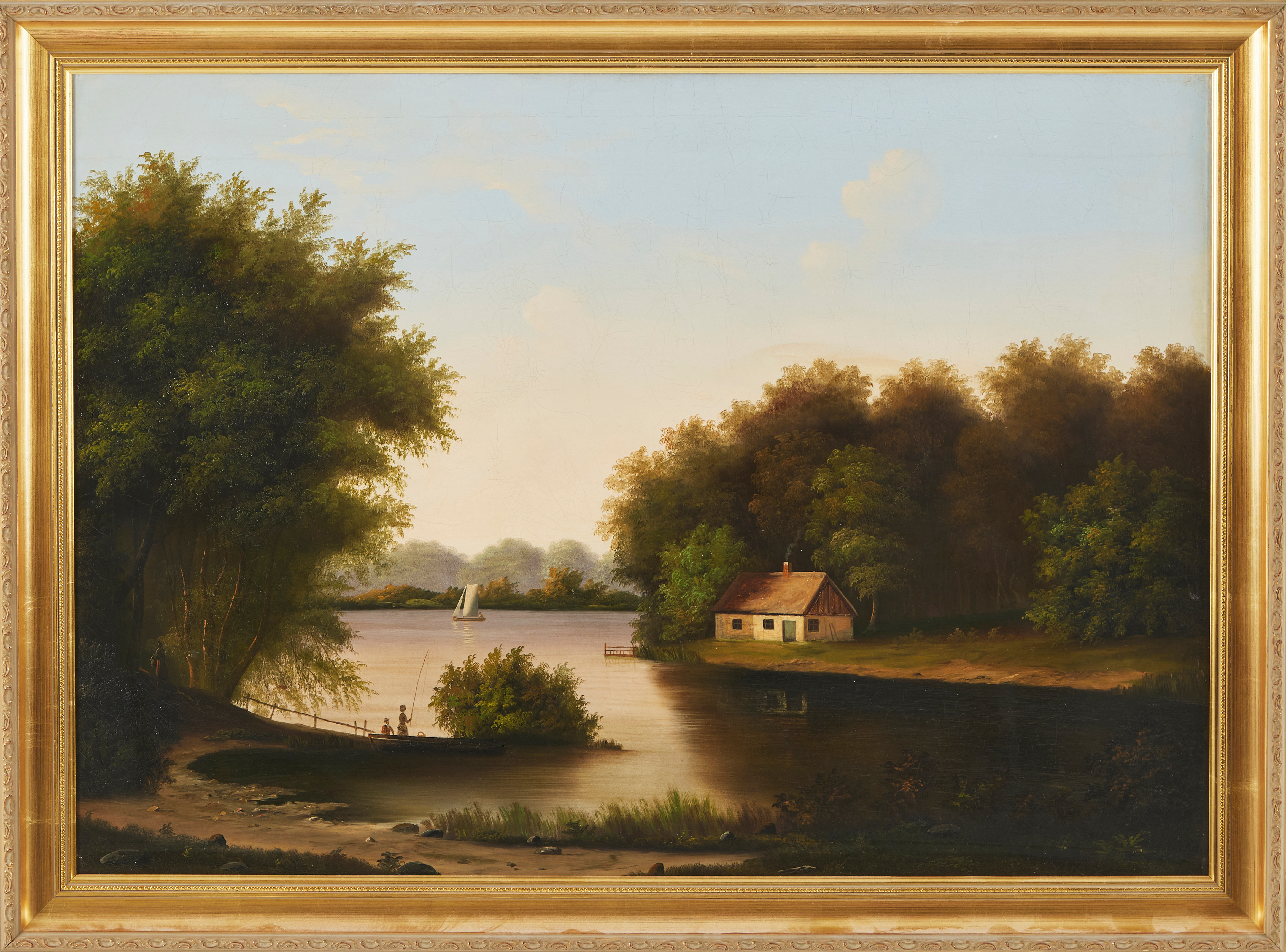 OKÄND KONSTNÄR, Sverige, 1800-talets andra hälft, insjölandskap med stuga och segelbåt.