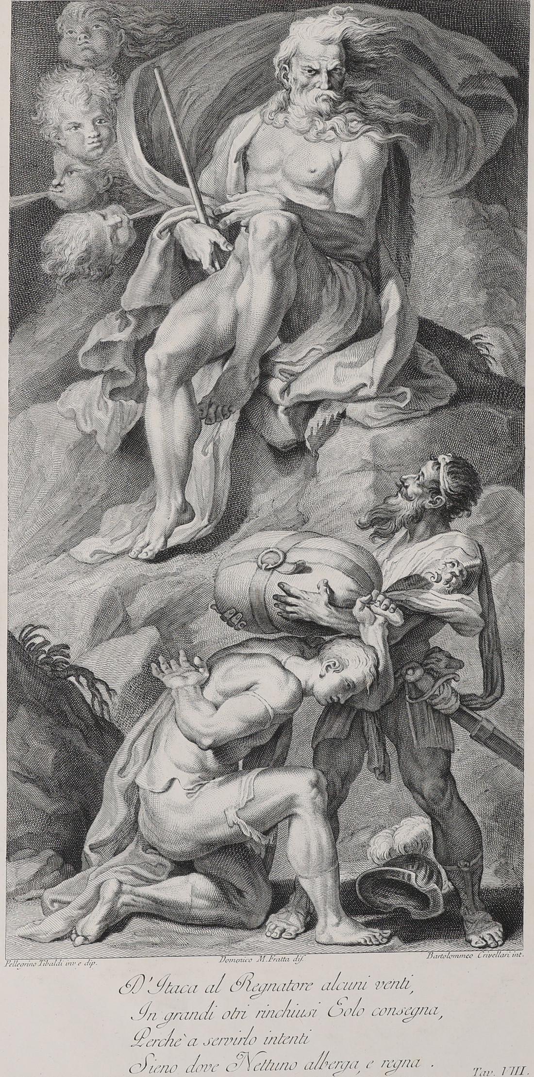 PELLEGRINO TIBALDI 1527-1596. EFTER. ETSNING OCH KOPPARSTICK, ODYSSEUS MOTTAR VINDARNA FRÅN AEOLUS, GRAVYR AV BARTOLOMEO CRIVELLARI (1716-1777), UTFÖRD 1756.